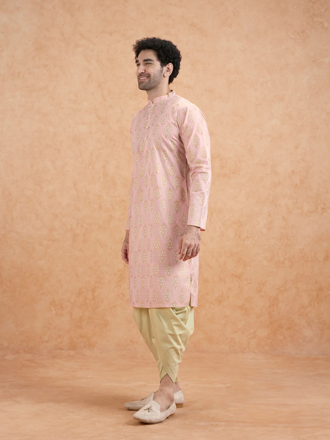 Pink Silk Blend Embroidered Kurta Mint Dhoti - Image 3