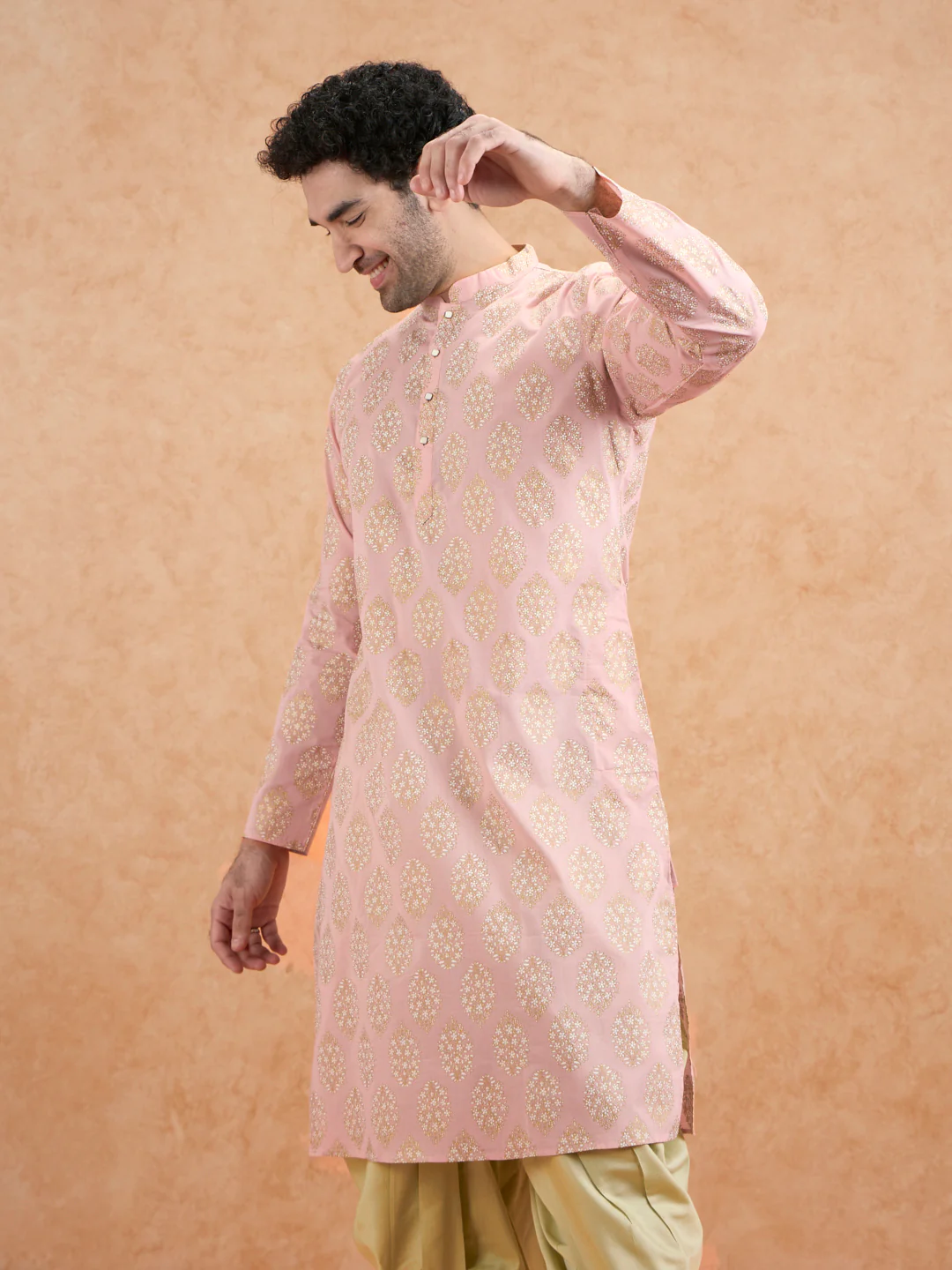 Pink Silk Blend Embroidered Kurta Mint Dhoti - Image 8