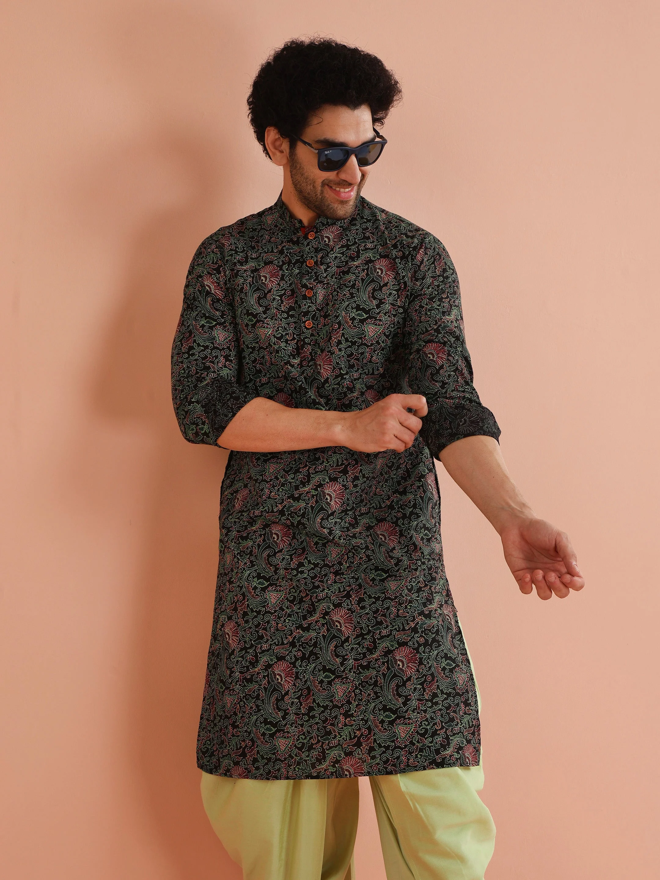 Men Black Multi-Color Paisley Printed Kurta Dhoti Set â€“ Elegant Festive Wear - Image 11
