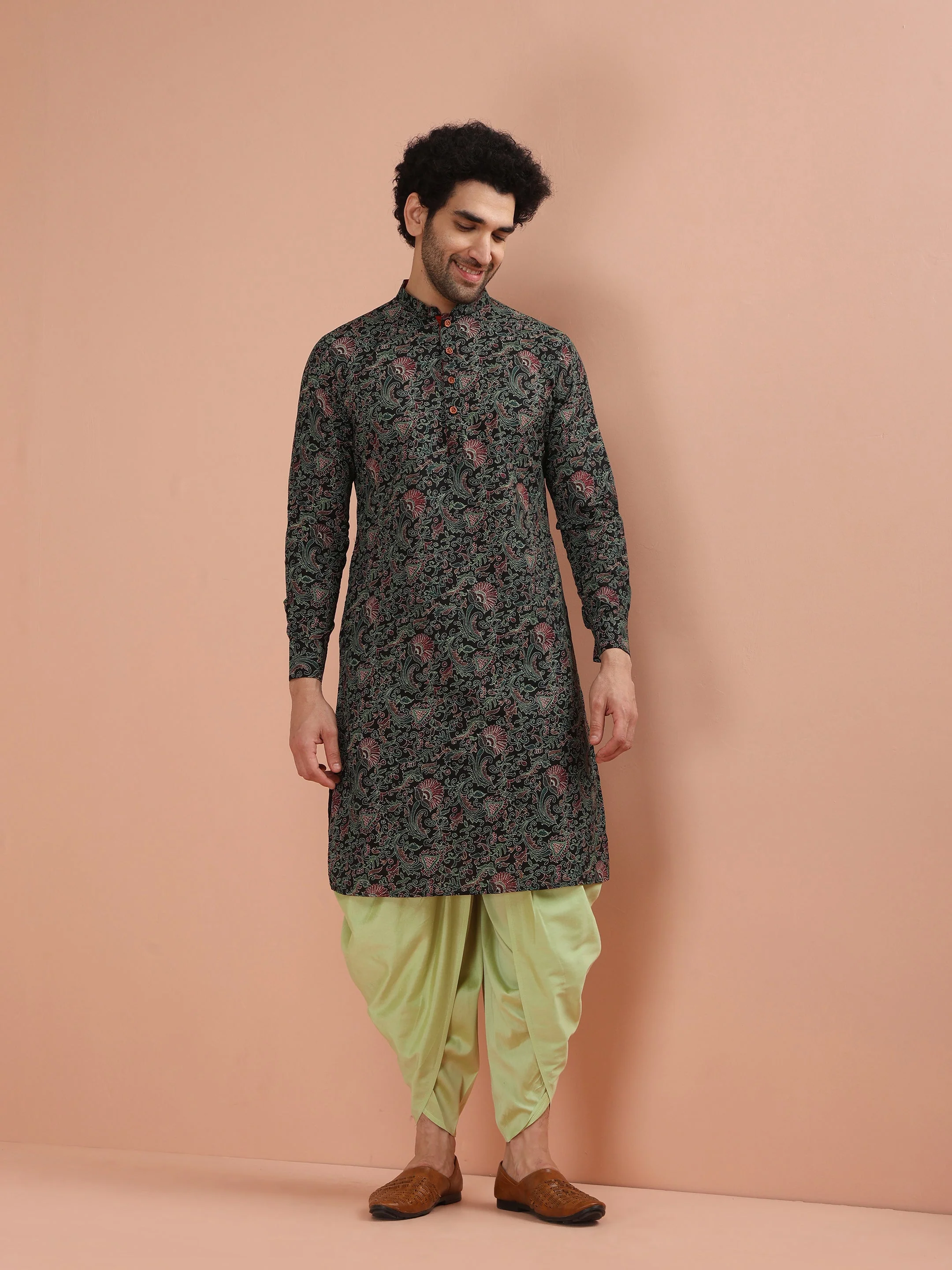 Men Black Multi-Color Paisley Printed Kurta Dhoti Set â€“ Elegant Festive Wear - Image 12