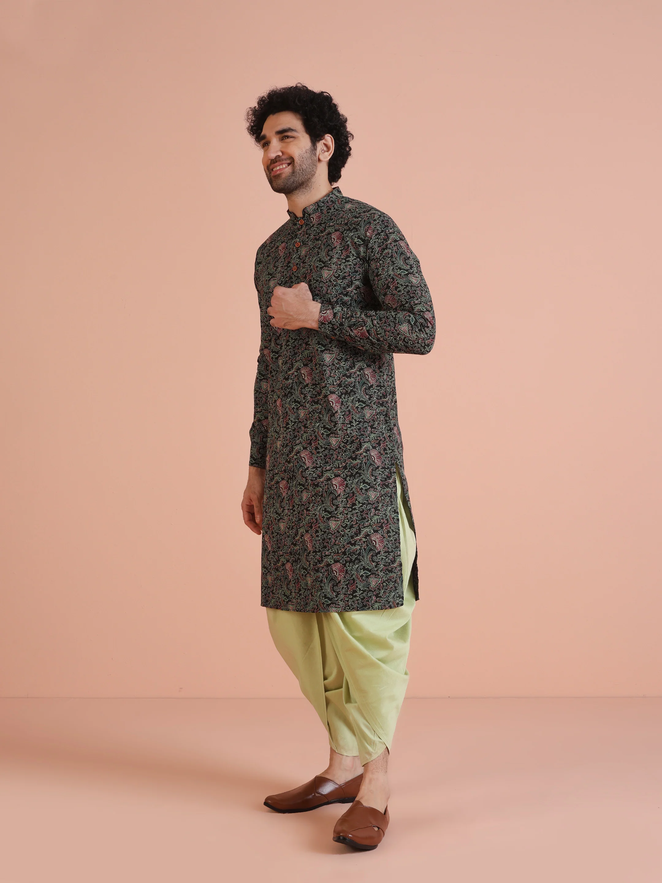 Men Black Multi-Color Paisley Printed Kurta Dhoti Set â€“ Elegant Festive Wear - Image 4