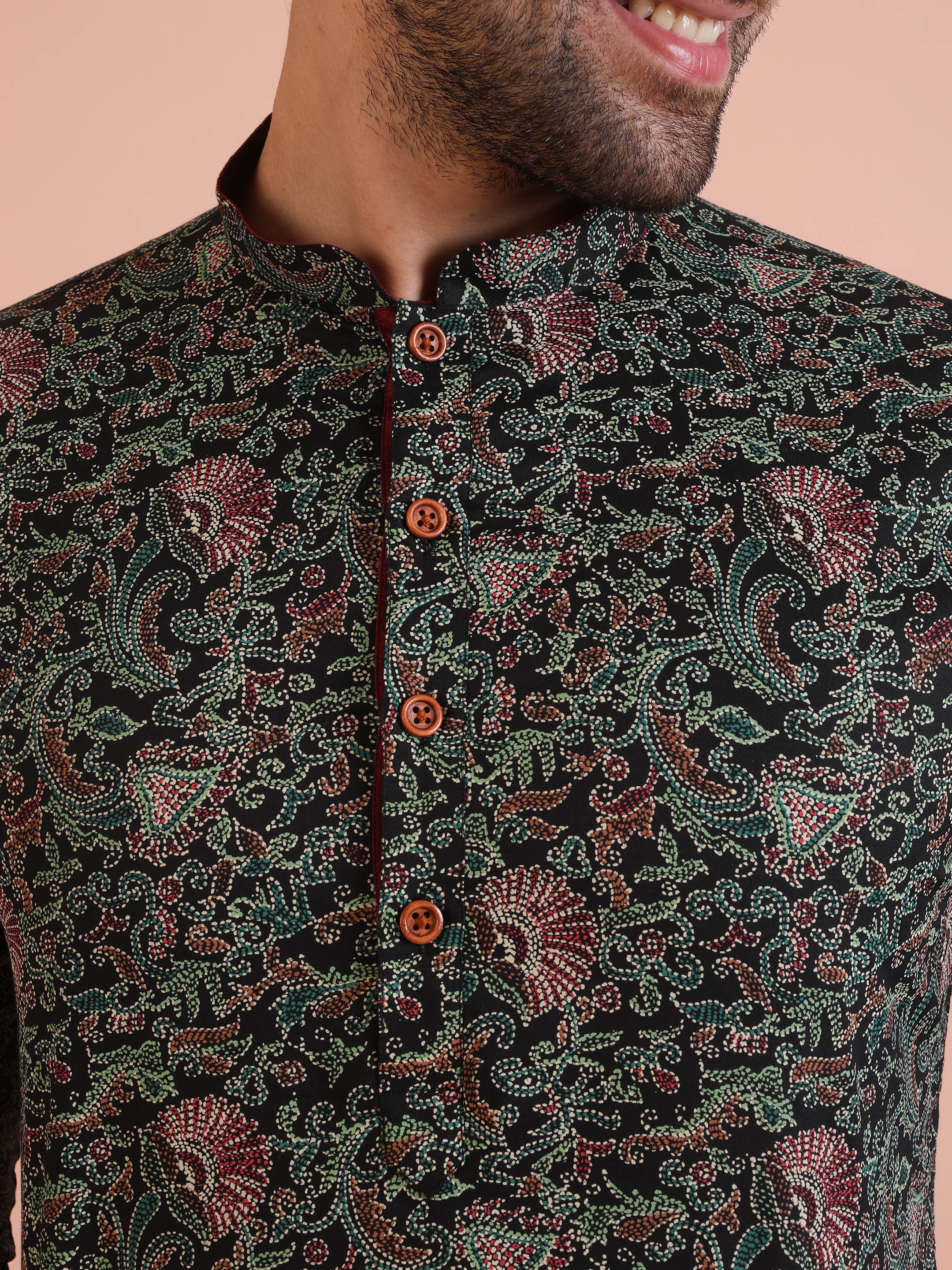 Men Black Multi-Color Paisley Printed Kurta Dhoti Set â€“ Elegant Festive Wear - Image 6