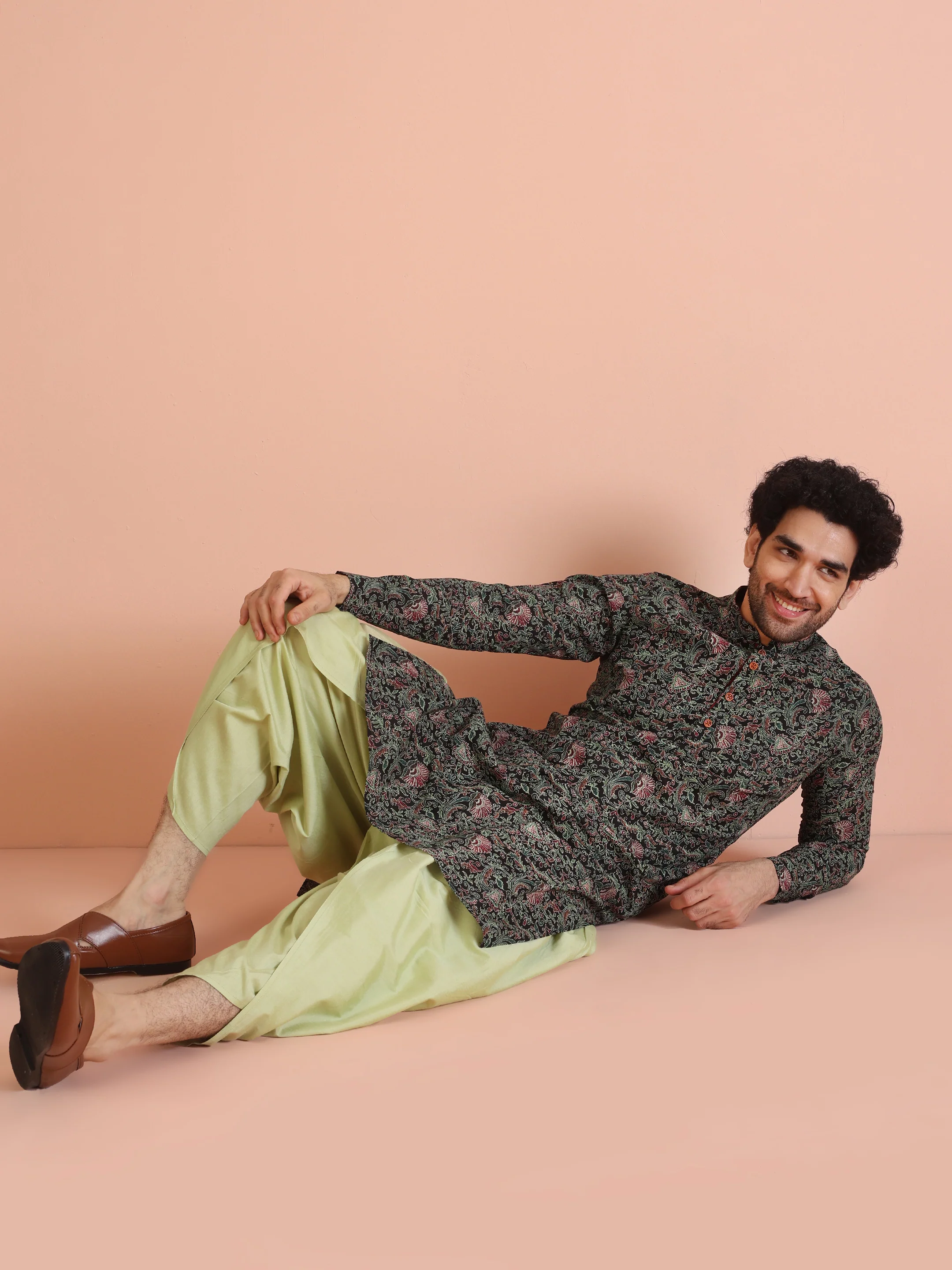 Men Black Multi-Color Paisley Printed Kurta Dhoti Set â€“ Elegant Festive Wear - Image 9