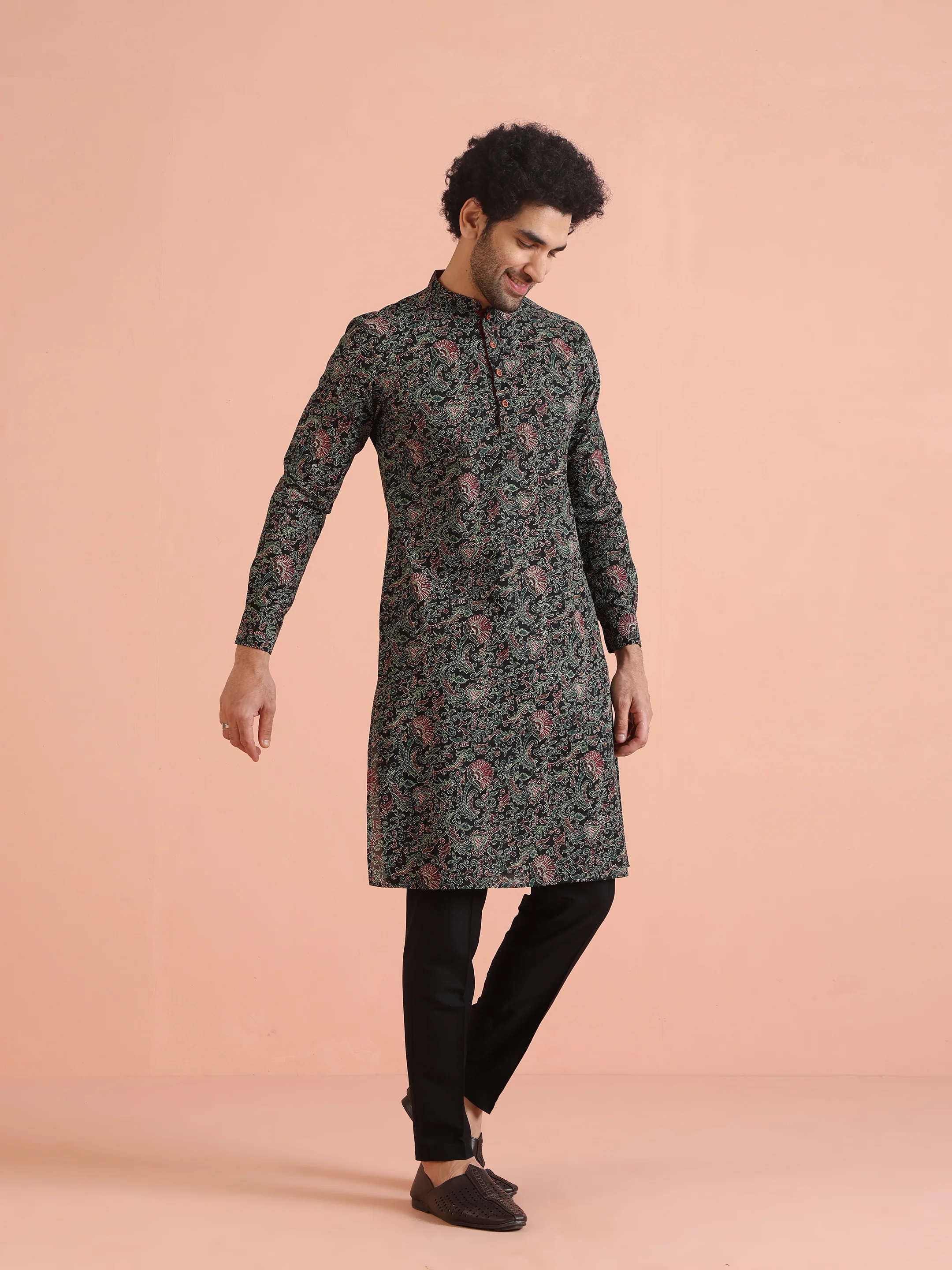 Black Printed Cotton Silk Kurta Trouser Set - Image 7