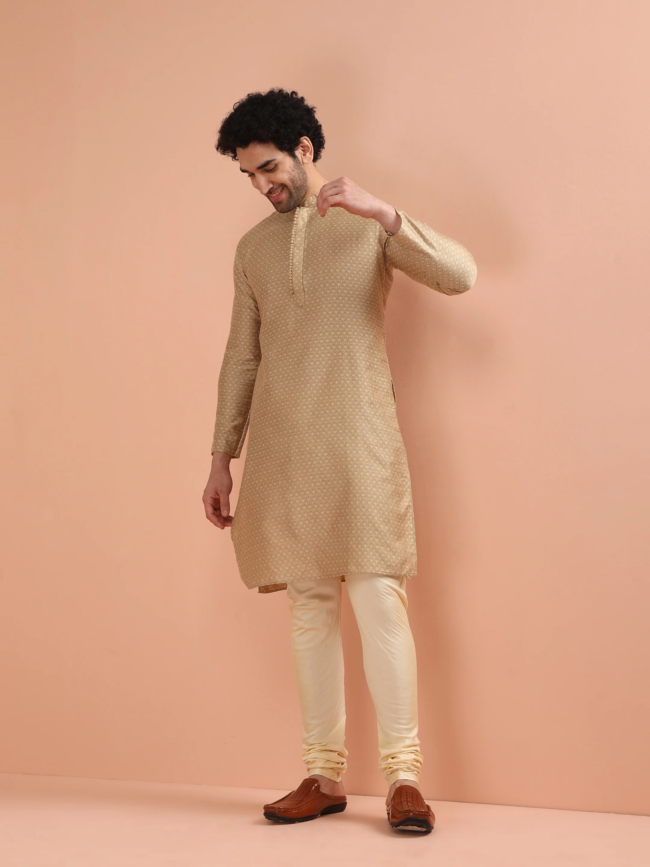 Beige Silk Blend Textured Kurta Cream Churidar - Image 8