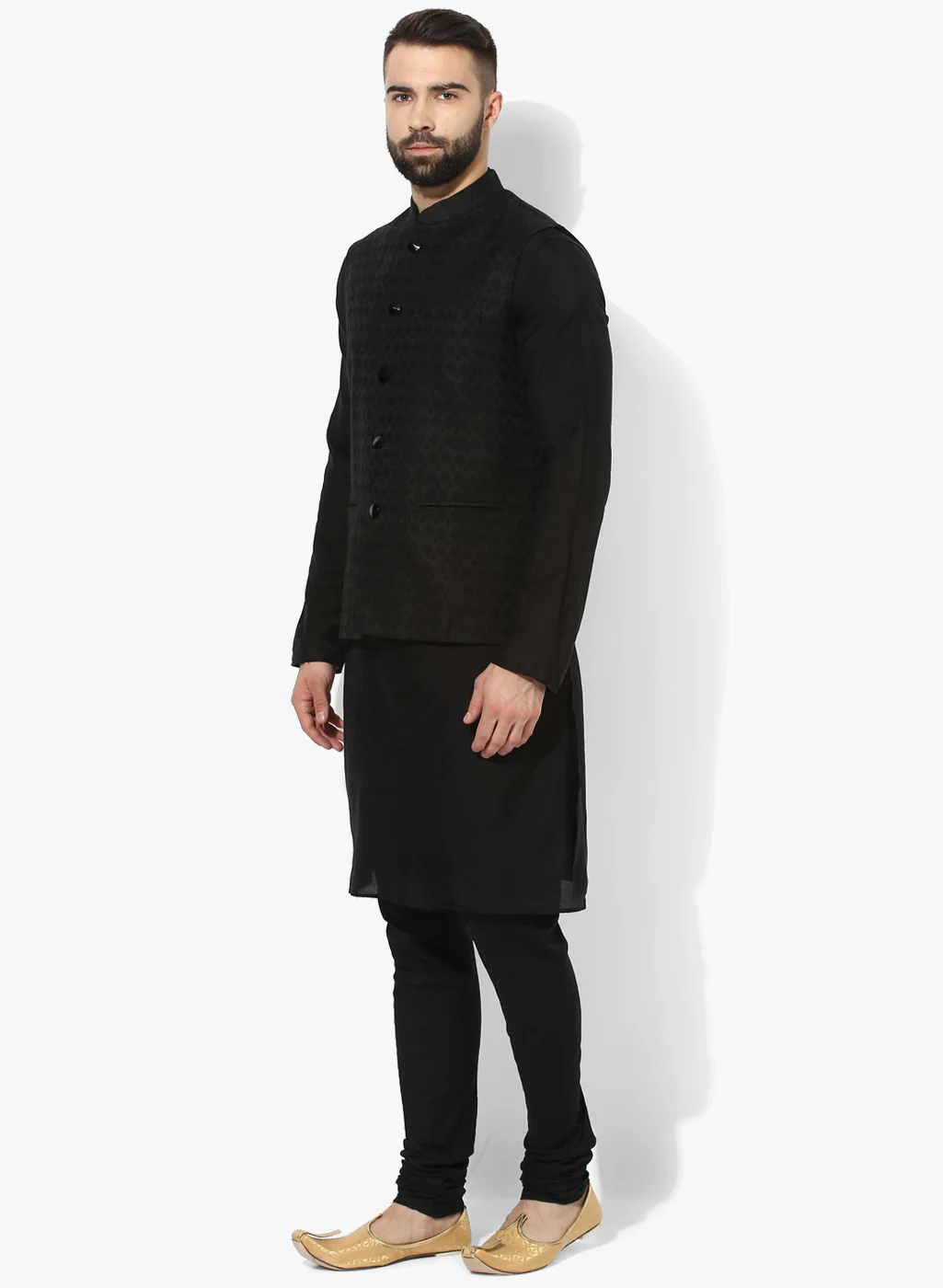 Men Black Textured Kurta Jacket Churidar Set - Image 2