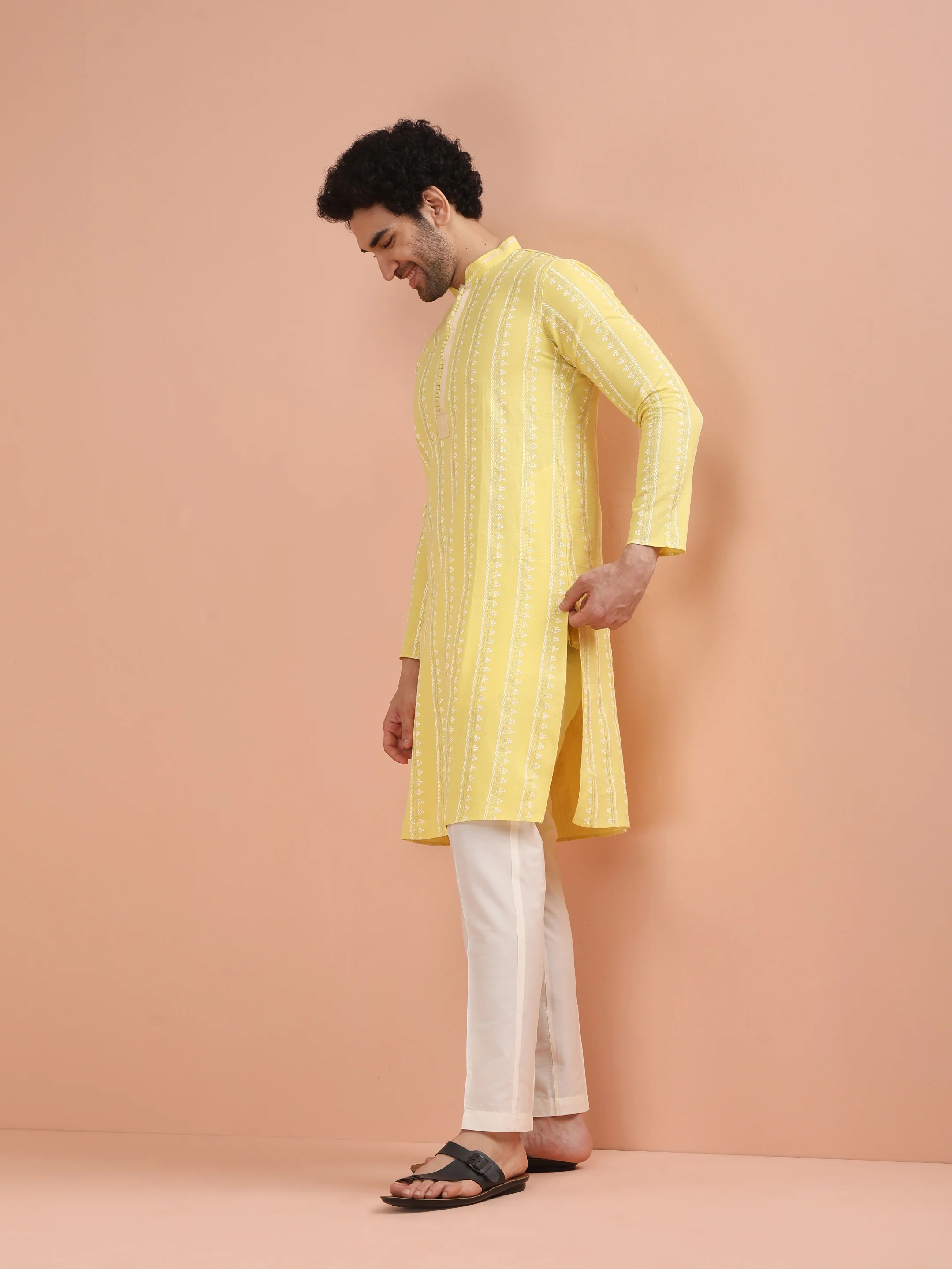 Men Yellow Printed Kurta Trouser Set with Gundi Buttons - Image 2