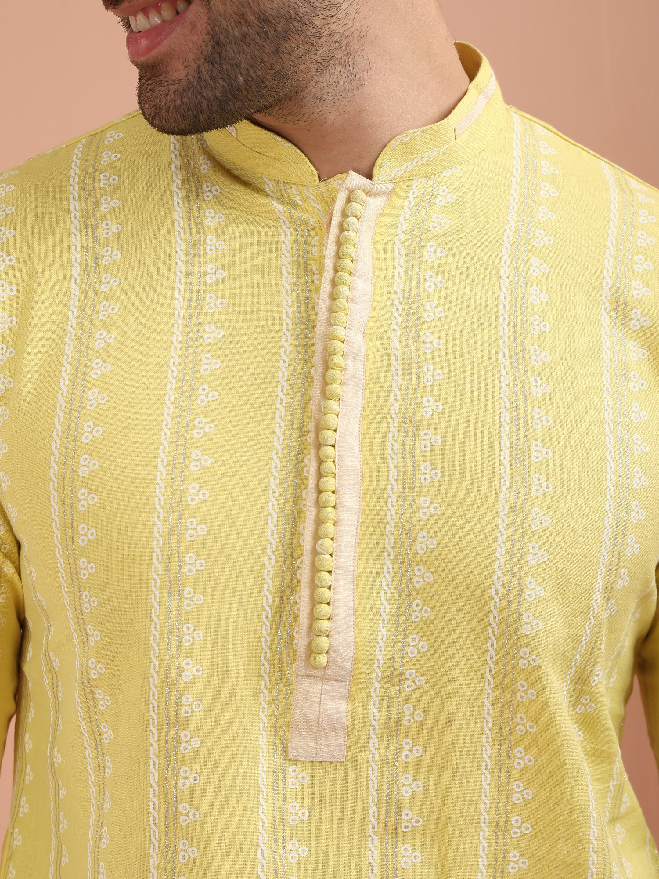 Men Yellow Printed Kurta Trouser Set with Gundi Buttons - Image 5