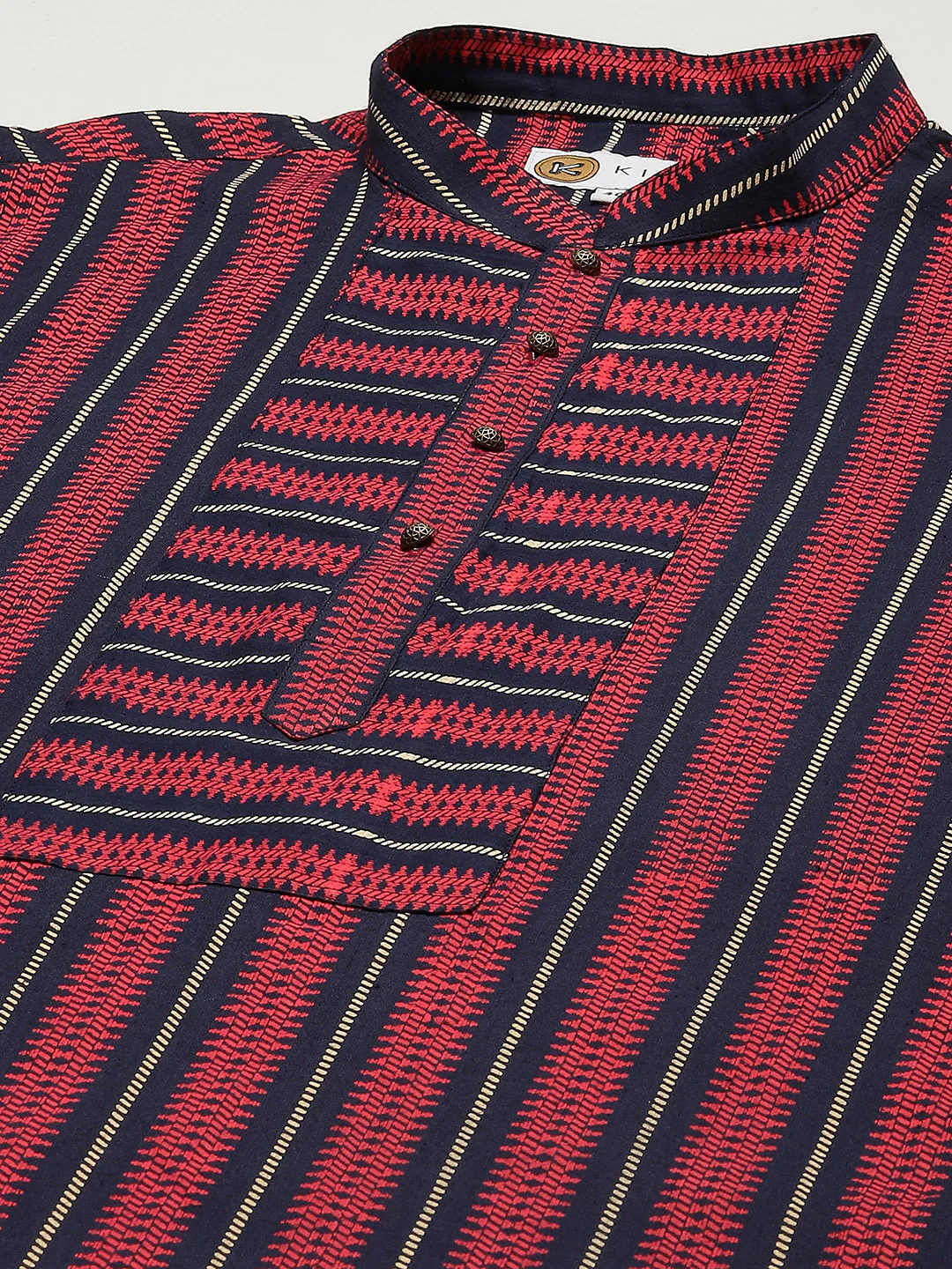 Men Red Ethnic Motifs Kurta - Image 3