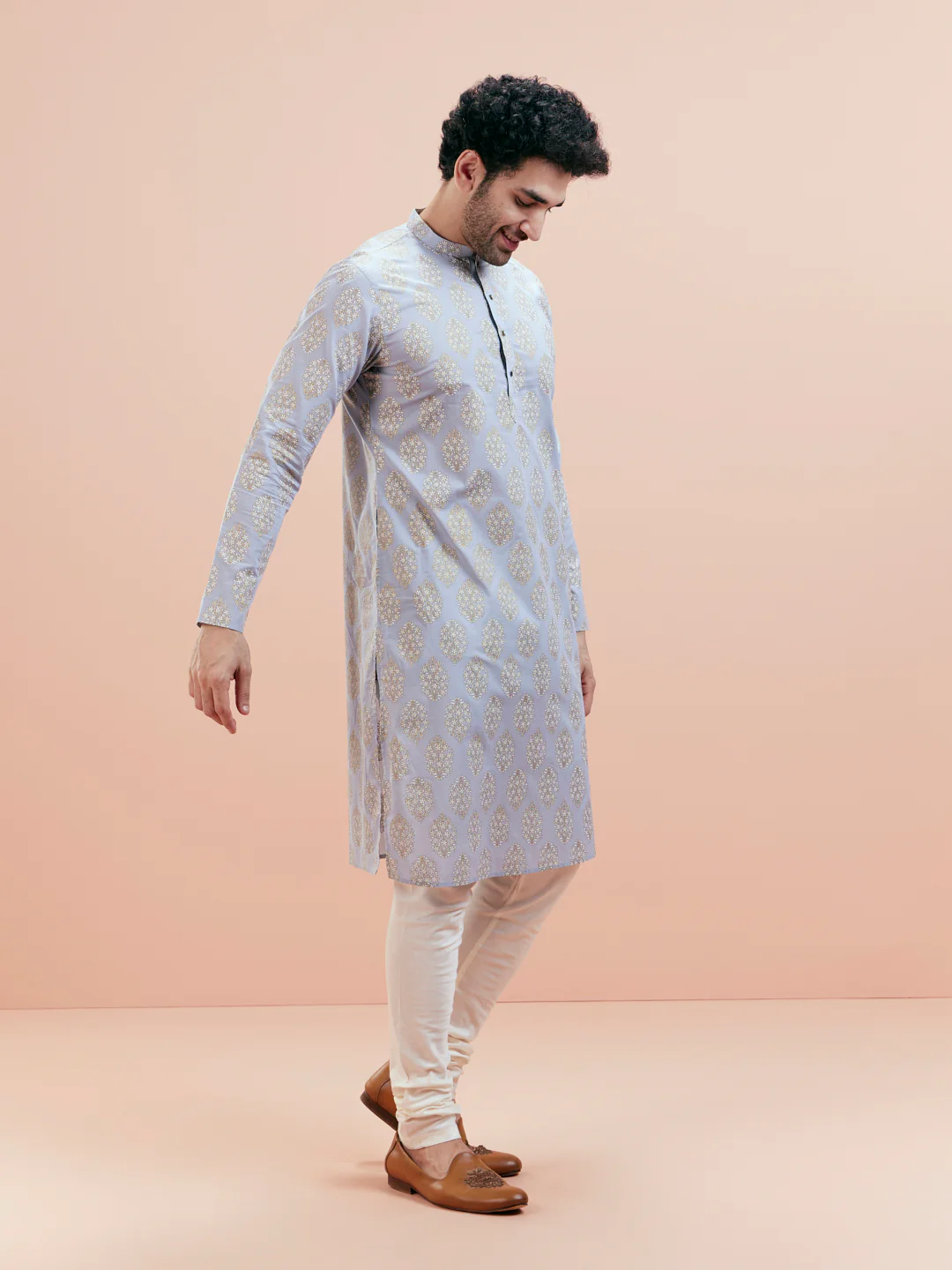 Light Blue Gold Motif Silk Blend Kurta - Image 3