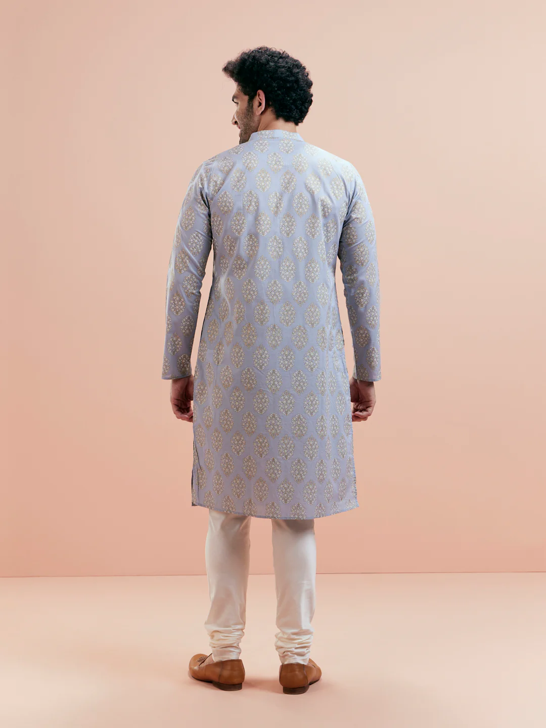 Light Blue Gold Motif Silk Blend Kurta - Image 5