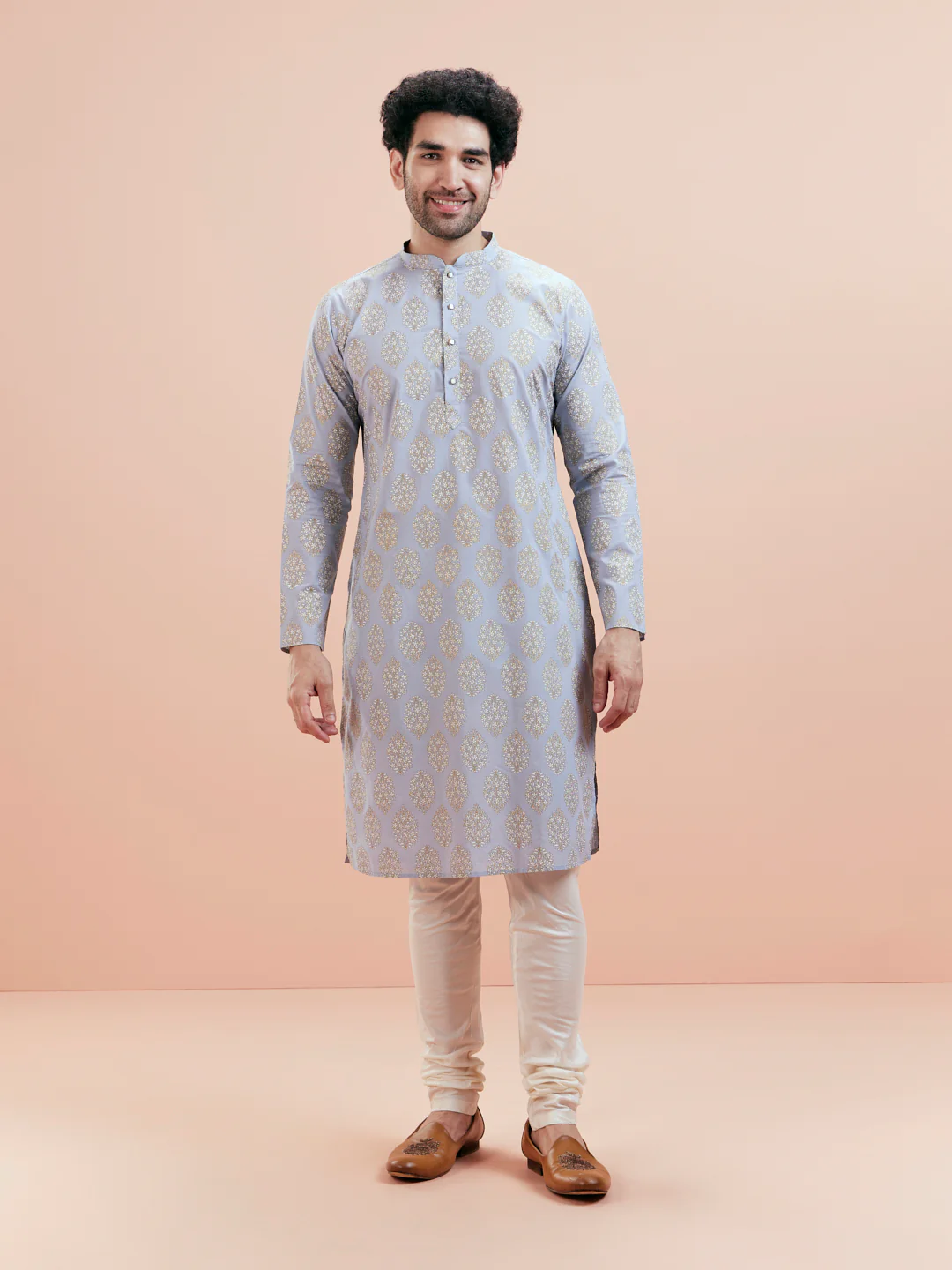 Light Blue Gold Motif Silk Blend Kurta - Image 7