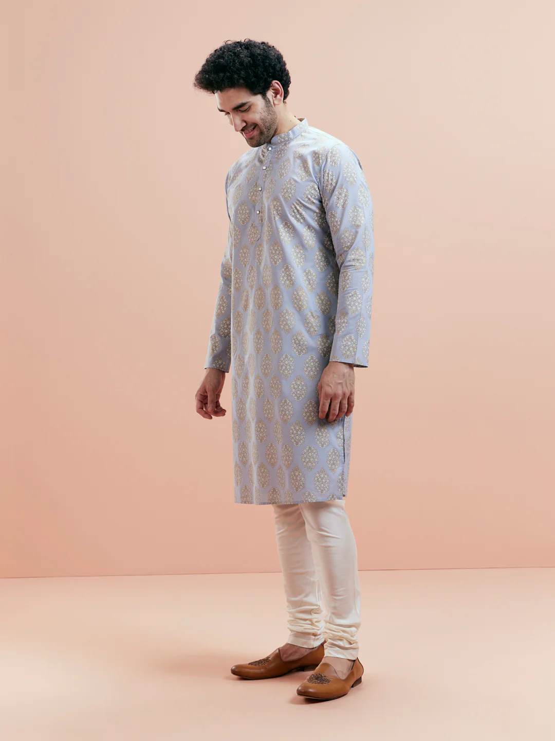 Light Blue Kurta Cream Churidar Set - Image 5