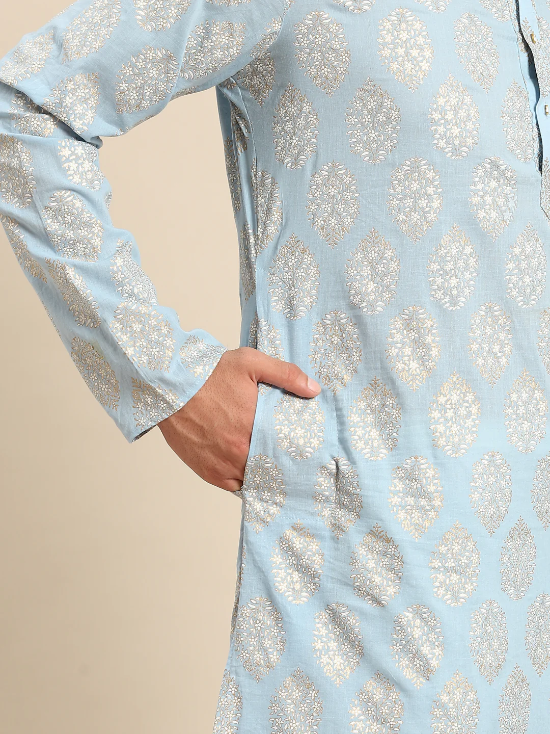 Light Blue Jacquard Kurta with Beige Trouser - Image 5