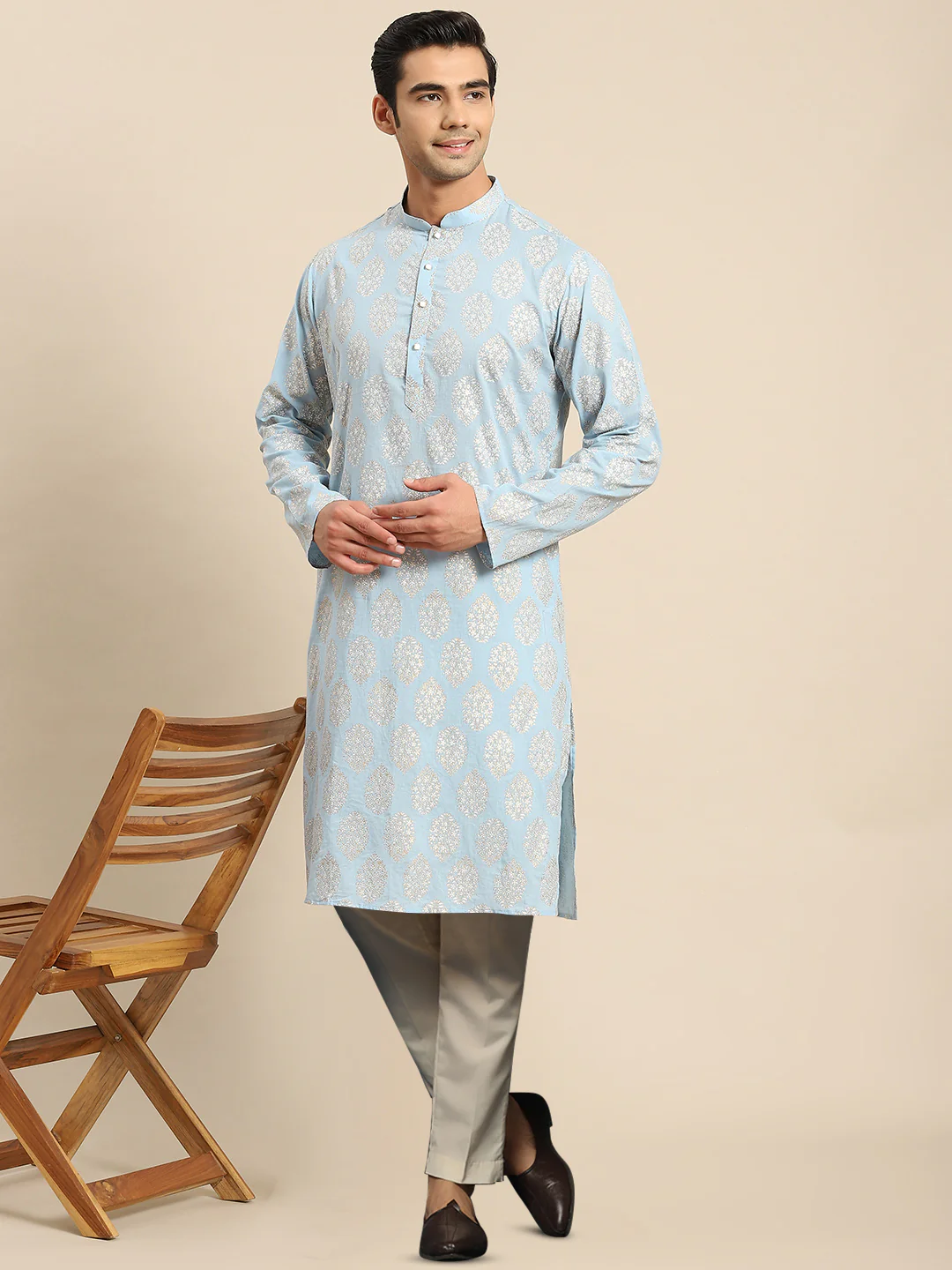 Light Blue Jacquard Kurta with Beige Trouser - Image 7