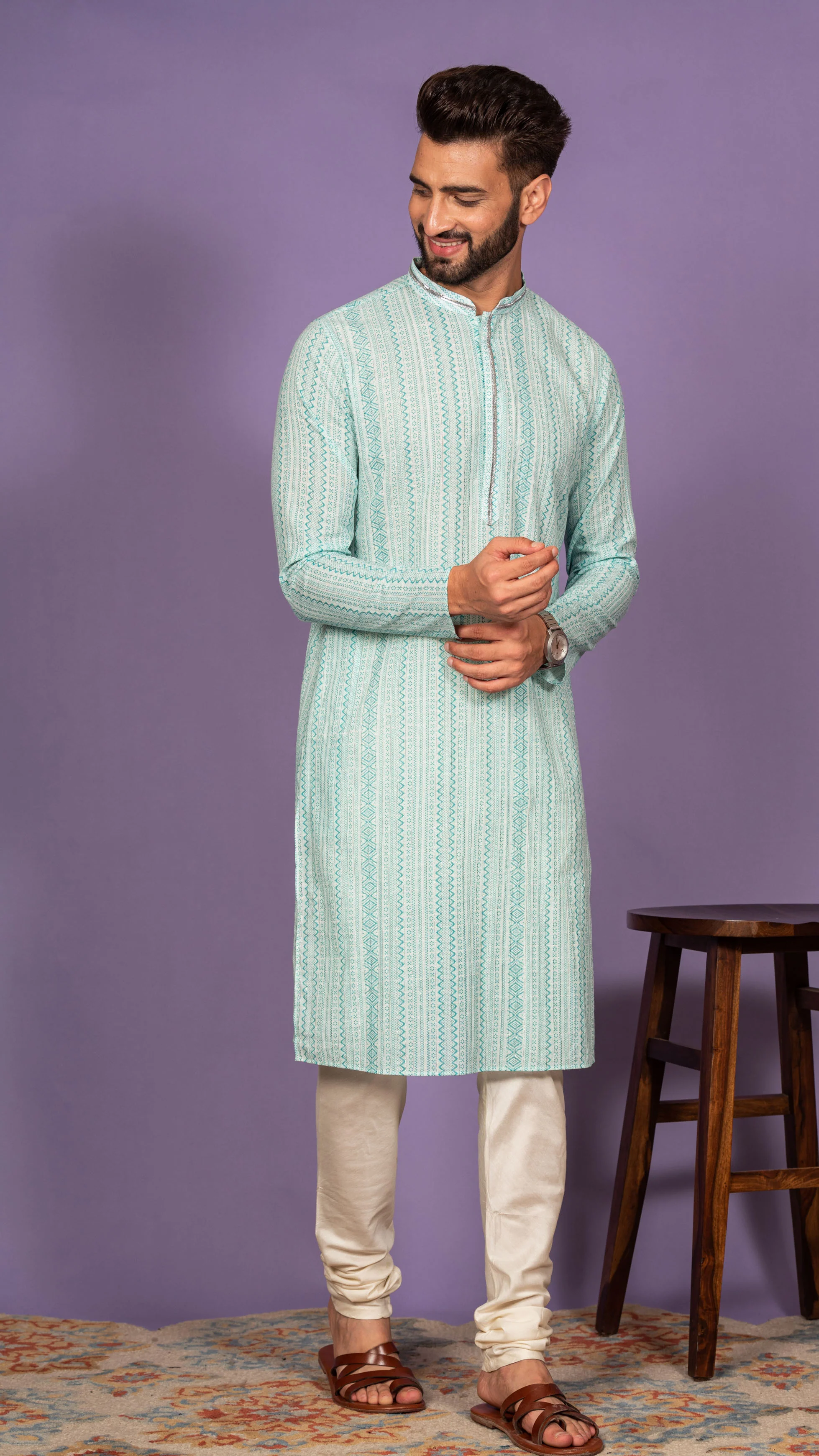 Men Green Geometric Kurta - Image 2