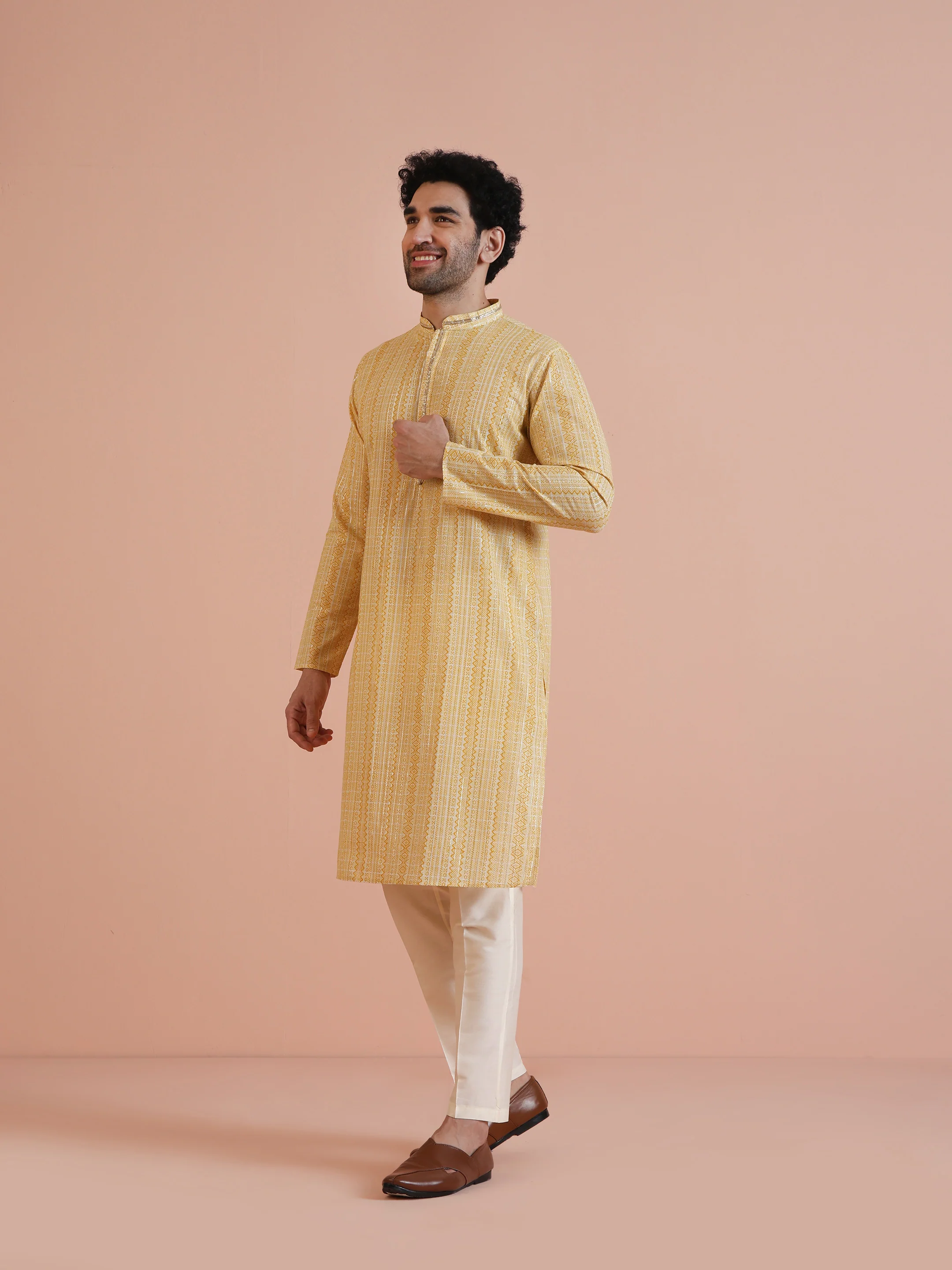 Yellow Cotton Silk Printed Long Kurta - Image 3