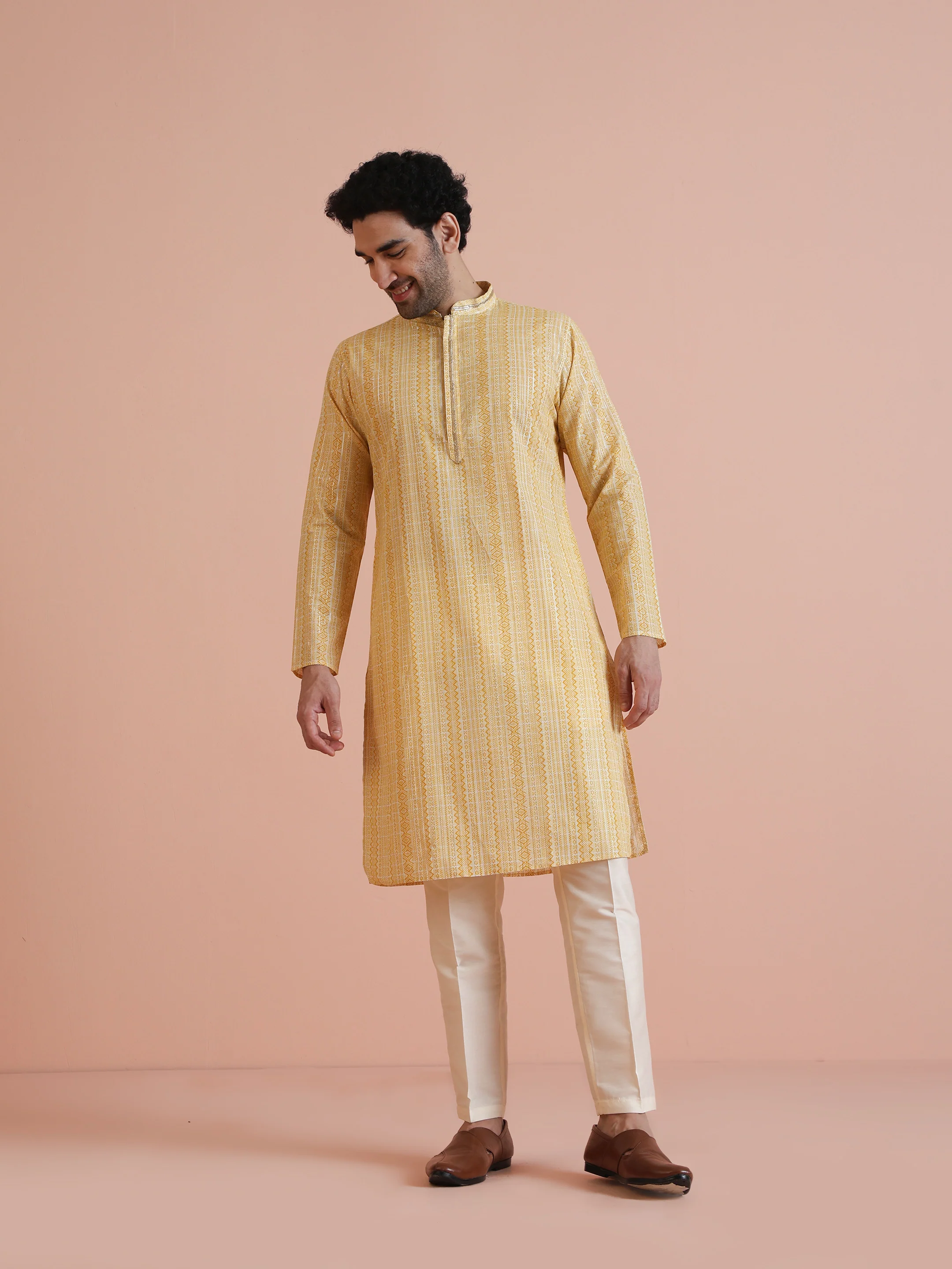 Yellow Cotton Silk Printed Long Kurta - Image 6