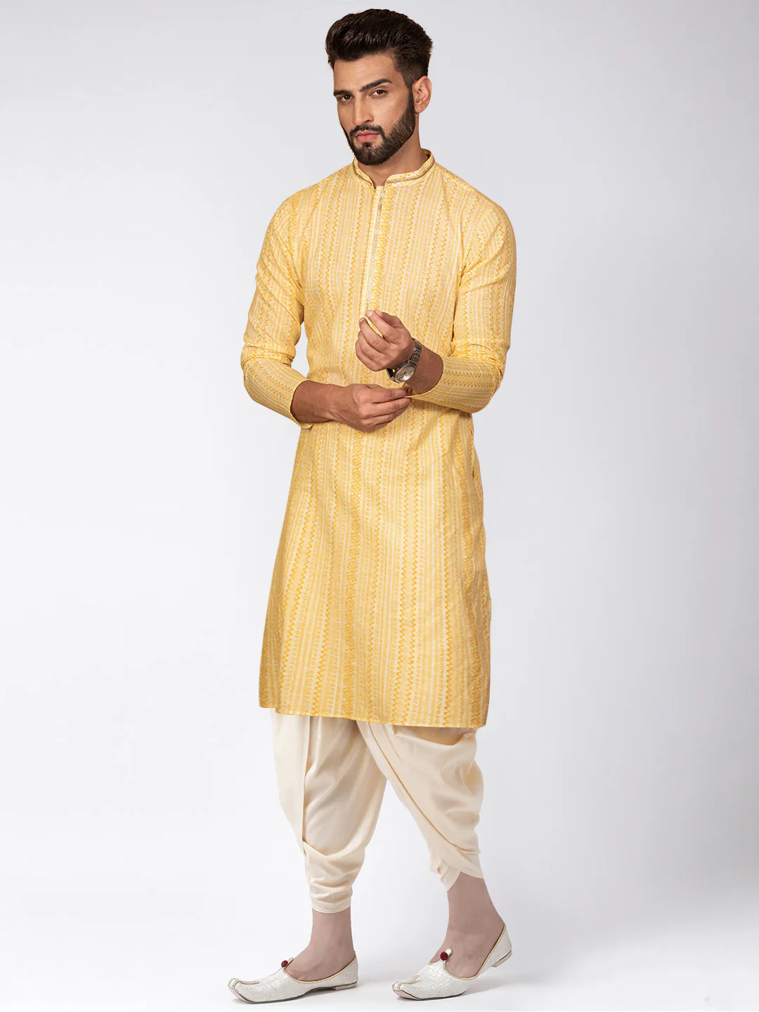 Yellow Jacquard Kurta Dhoti Set - Image 4