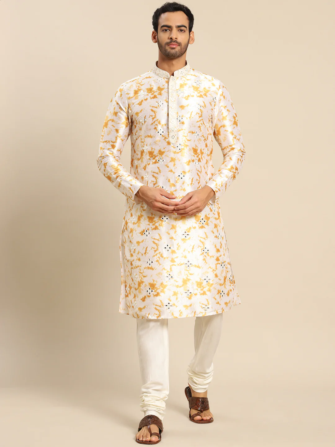 Men white Embroidered kurta Churidar set - Image 2
