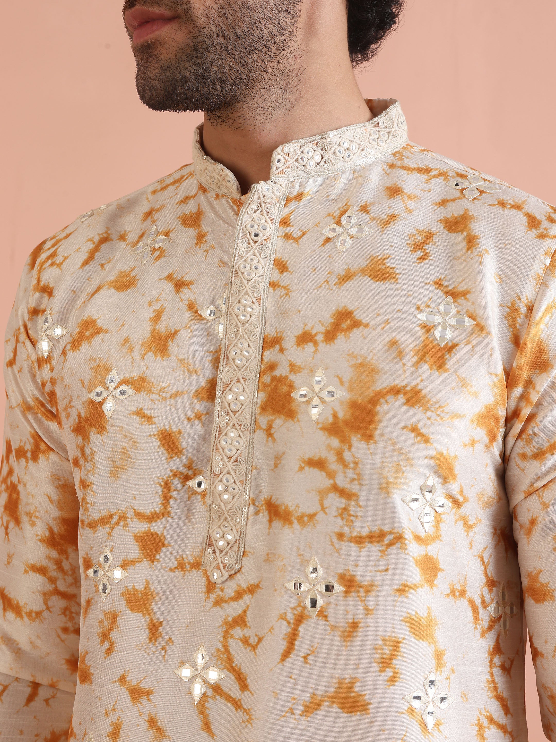 Cream Cotton Silk Mirror Work Kurta Trouser Set - Image 5