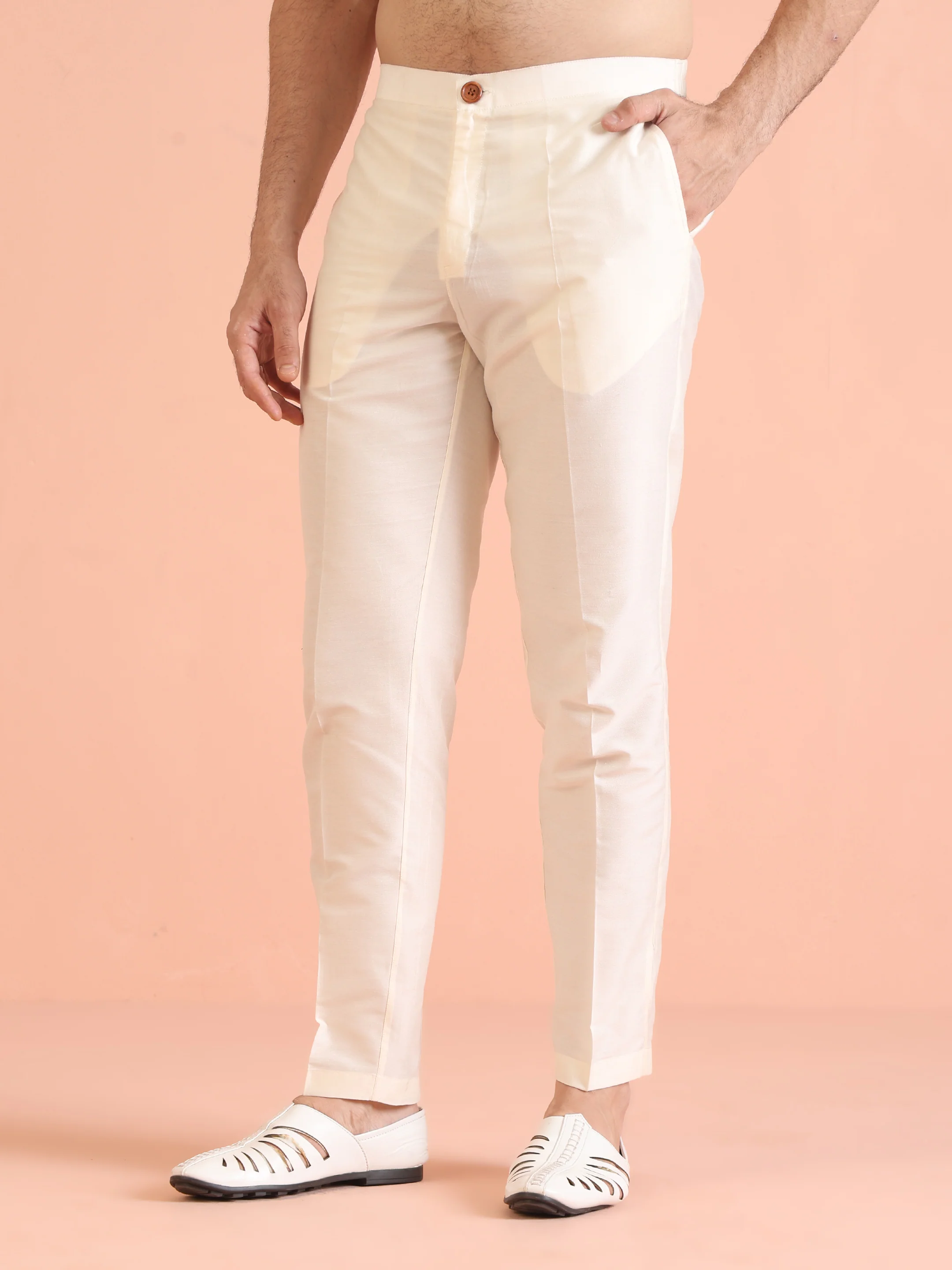 Cream Cotton Silk Mirror Work Kurta Trouser Set - Image 6