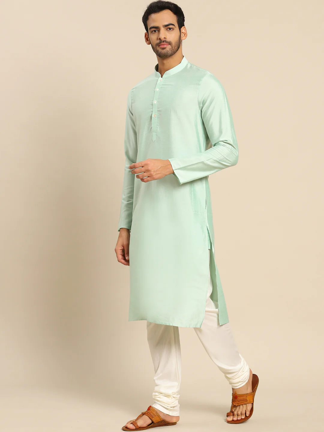 Mint Green Silk Blend Solid Long Kurta - Image 2