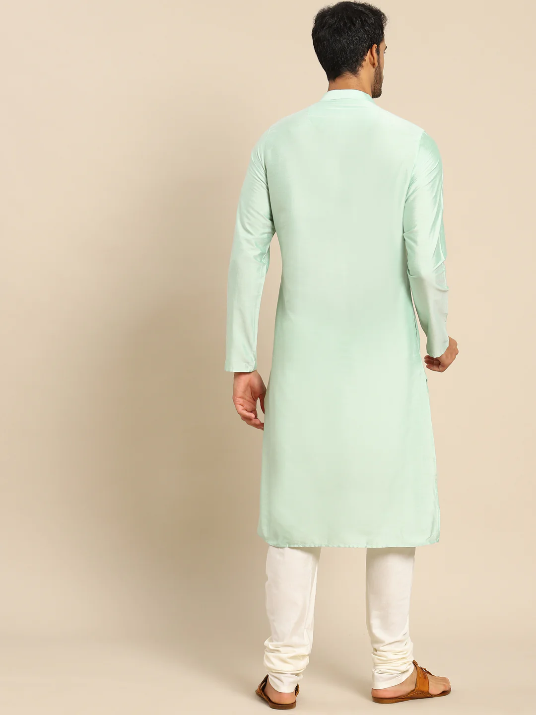 Mint Green Silk Blend Solid Long Kurta - Image 3