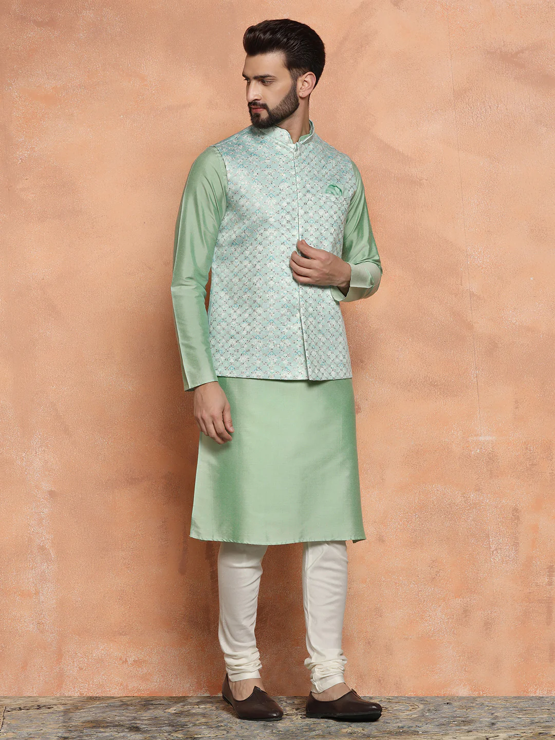 Mint Green Kurta with Jacquard Jacket & Churidar - Image 2