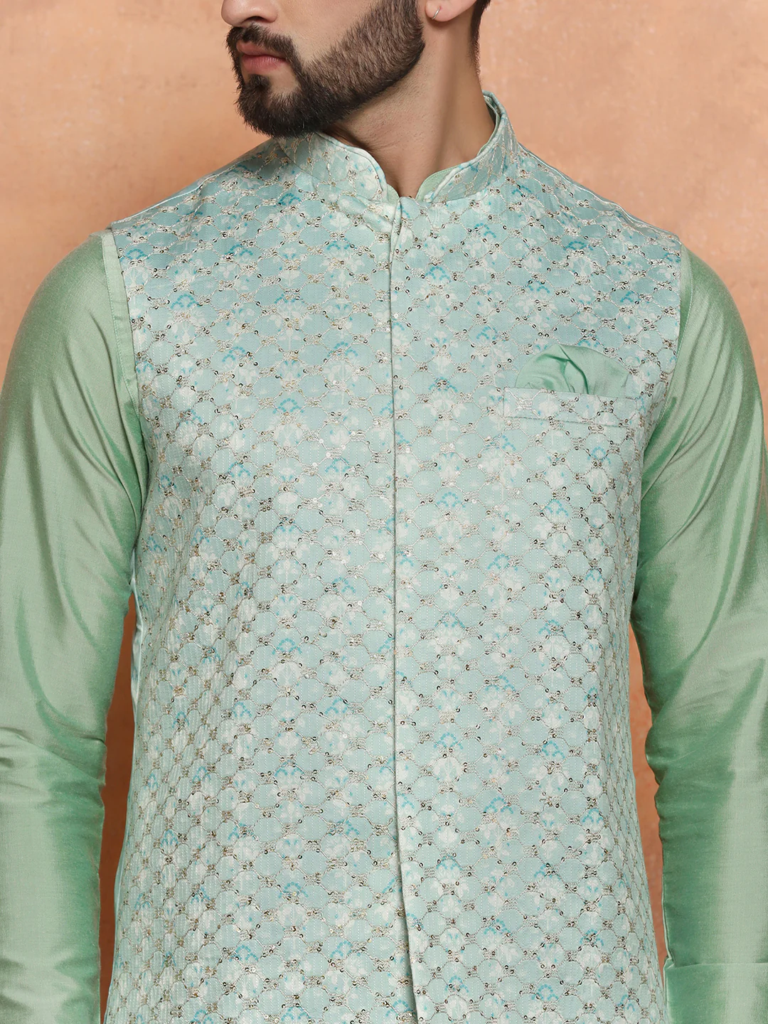 Mint Green Kurta with Jacquard Jacket & Churidar - Image 6