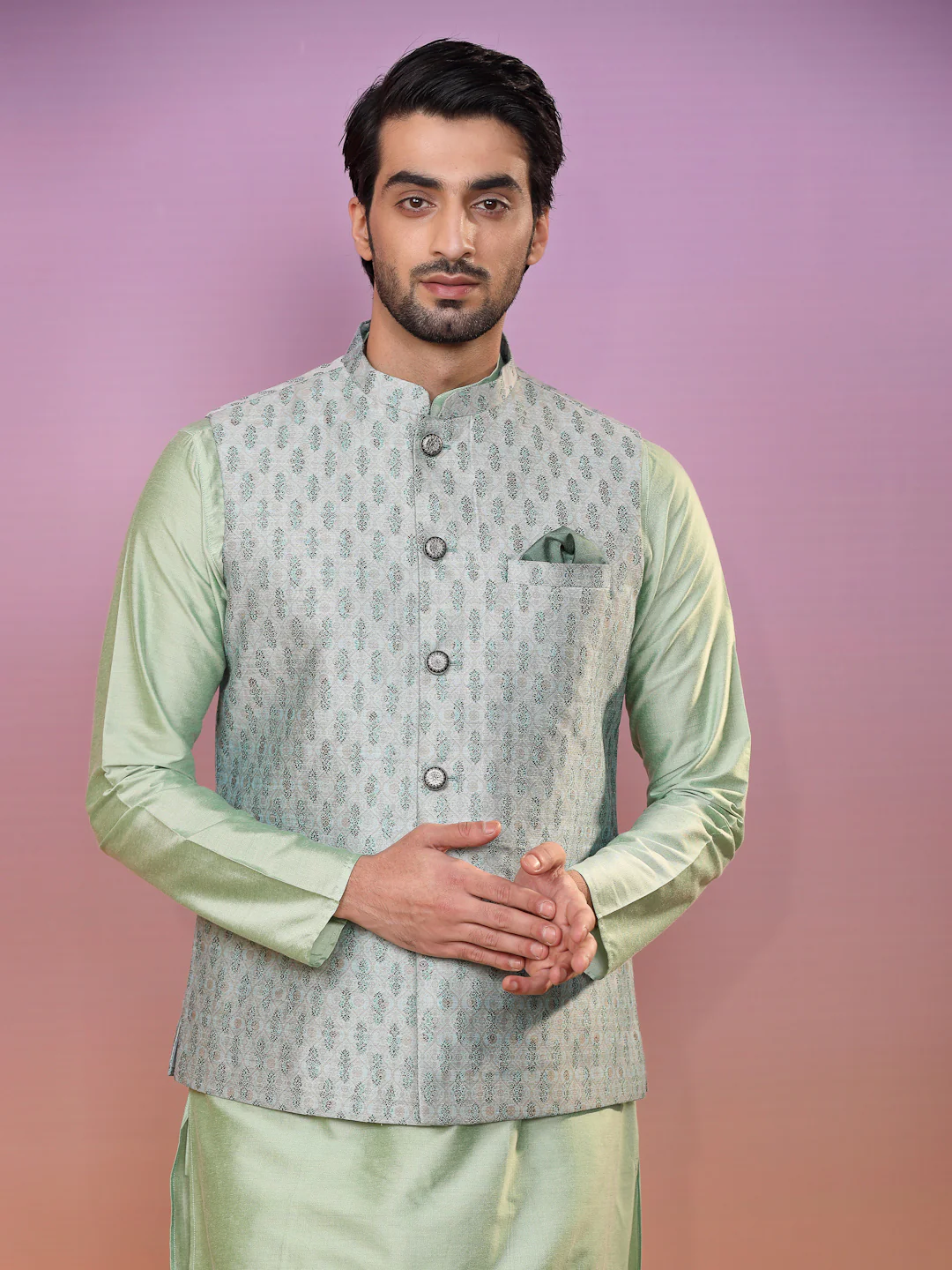 Kisah Men Green Kurta Jacket Set - Image 6
