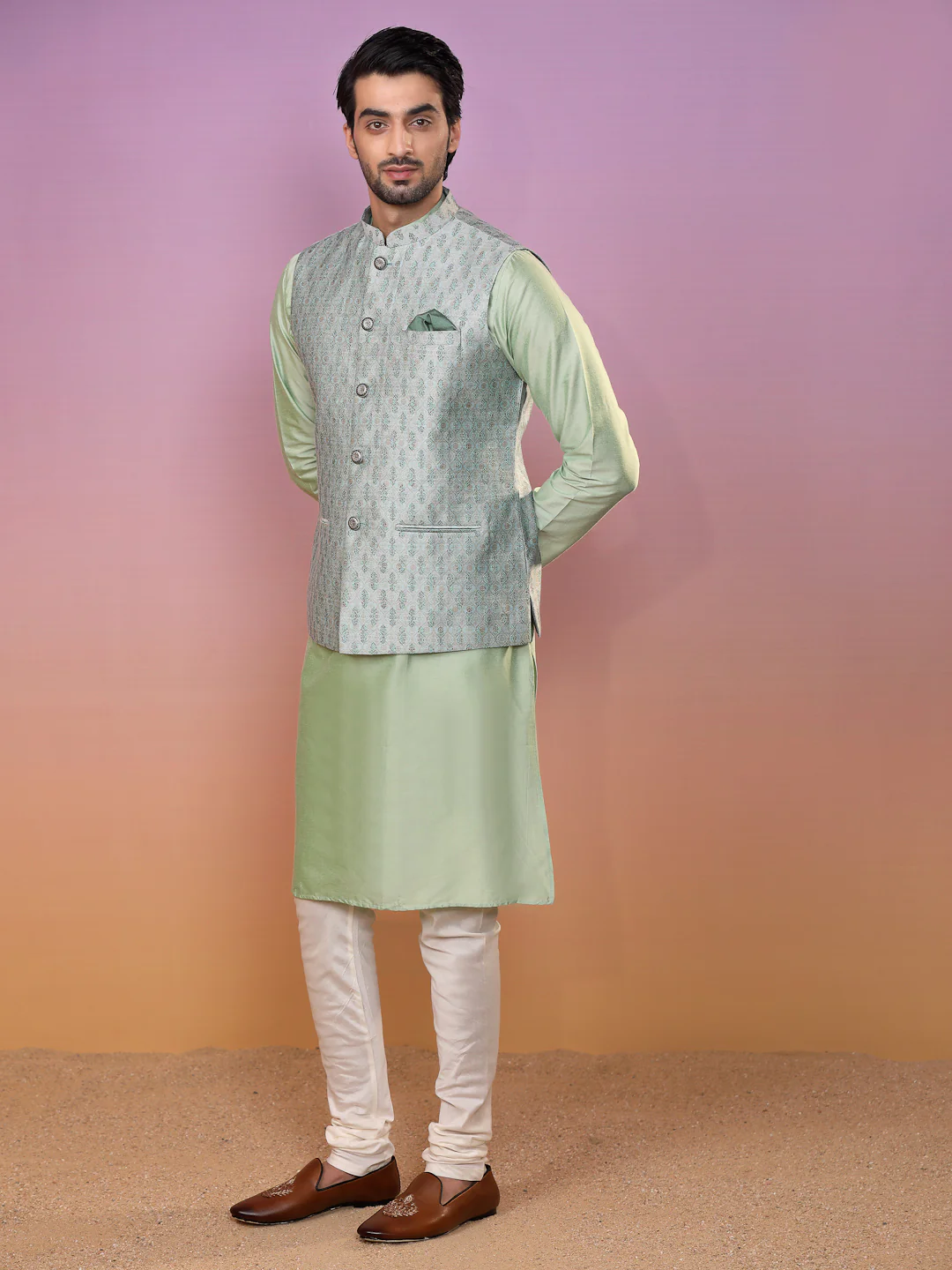 Kisah Men Green Kurta Jacket Set - Image 8