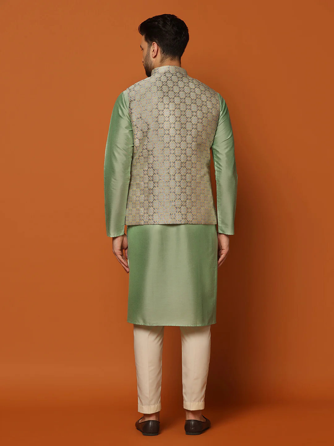 Grey Golden Woven Nehru Jacket Kurta Trouser Set - Image 4