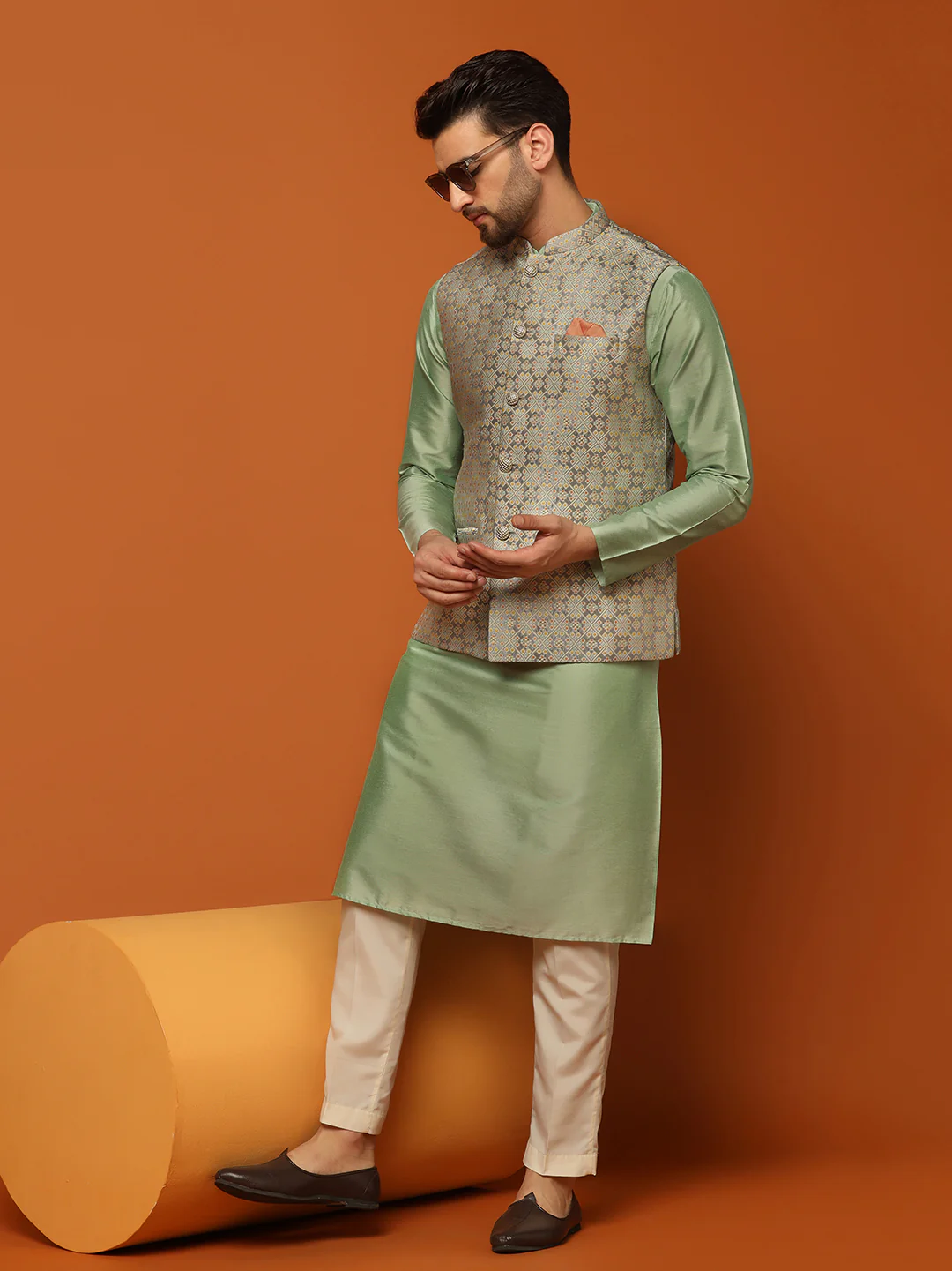 Grey Golden Woven Nehru Jacket Kurta Trouser Set - Image 8