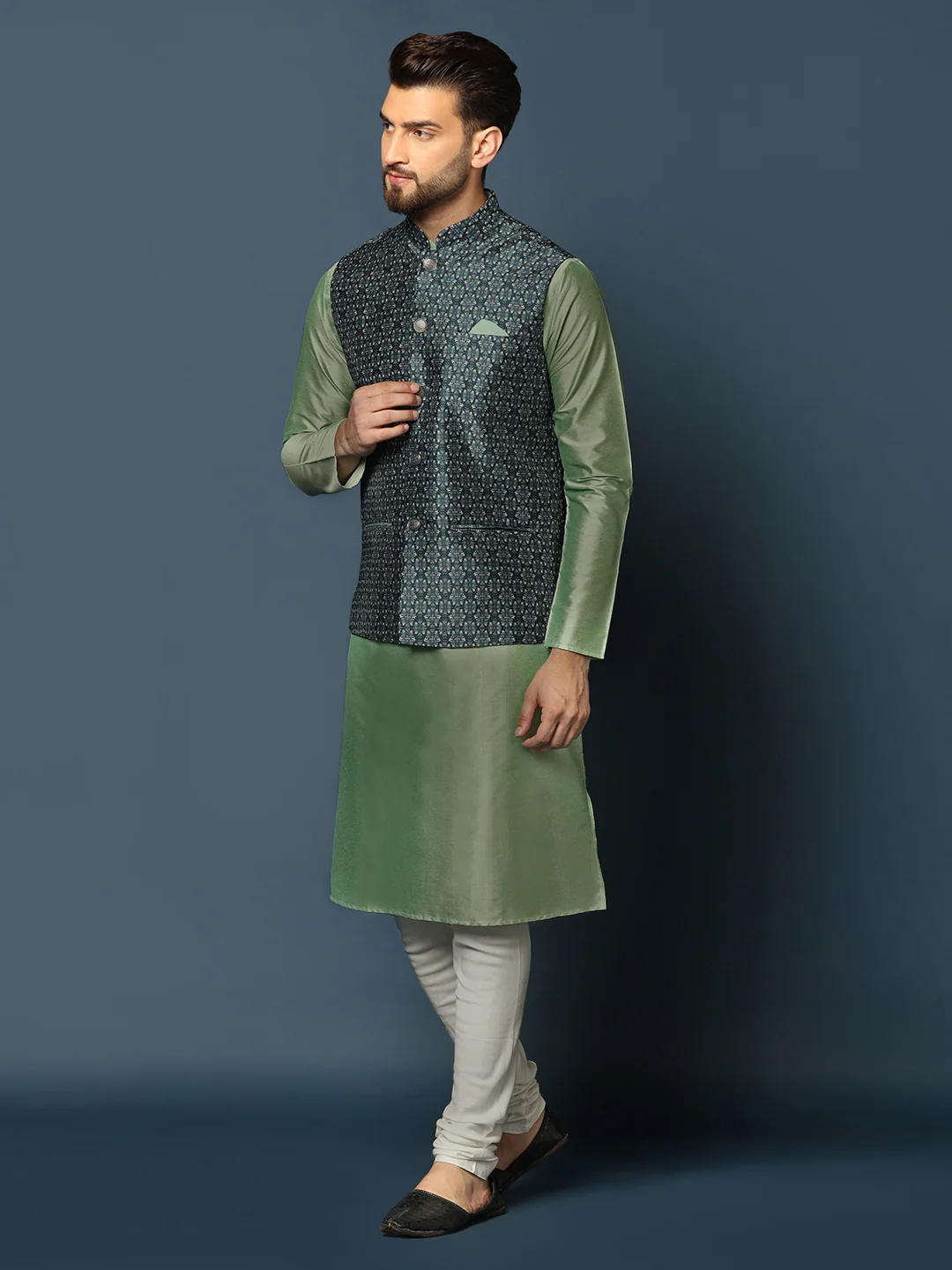 Men's Teal Kurta Jacket Churidar Set - Image 3
