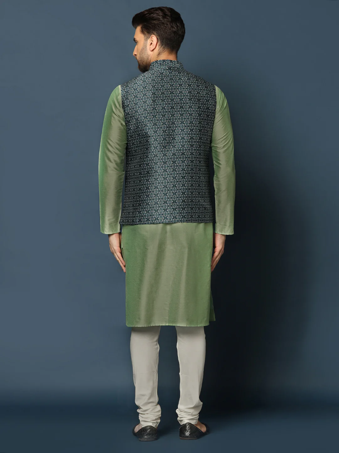 Men's Teal Kurta Jacket Churidar Set - Image 4