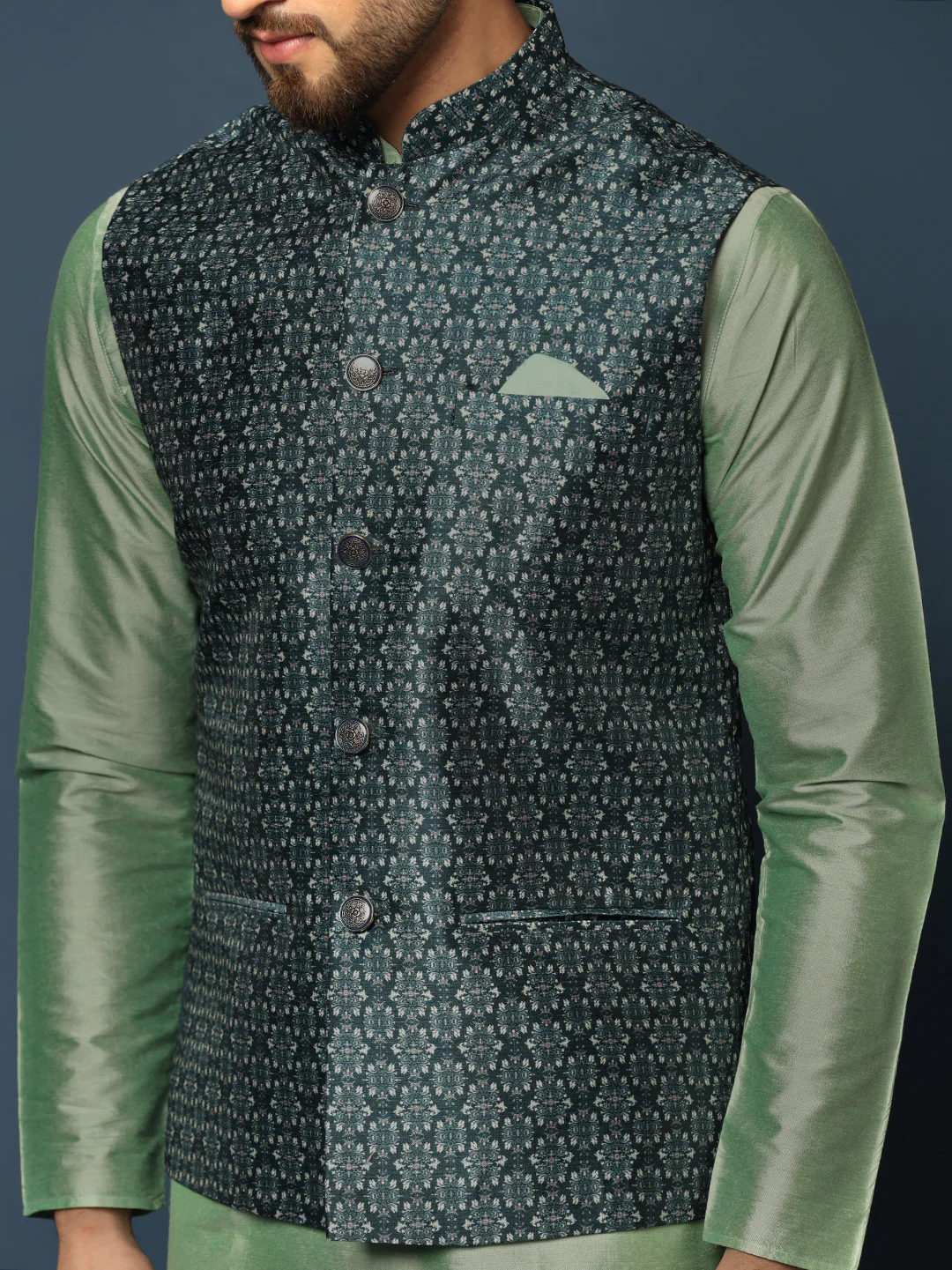 Men's Teal Kurta Jacket Churidar Set - Image 6