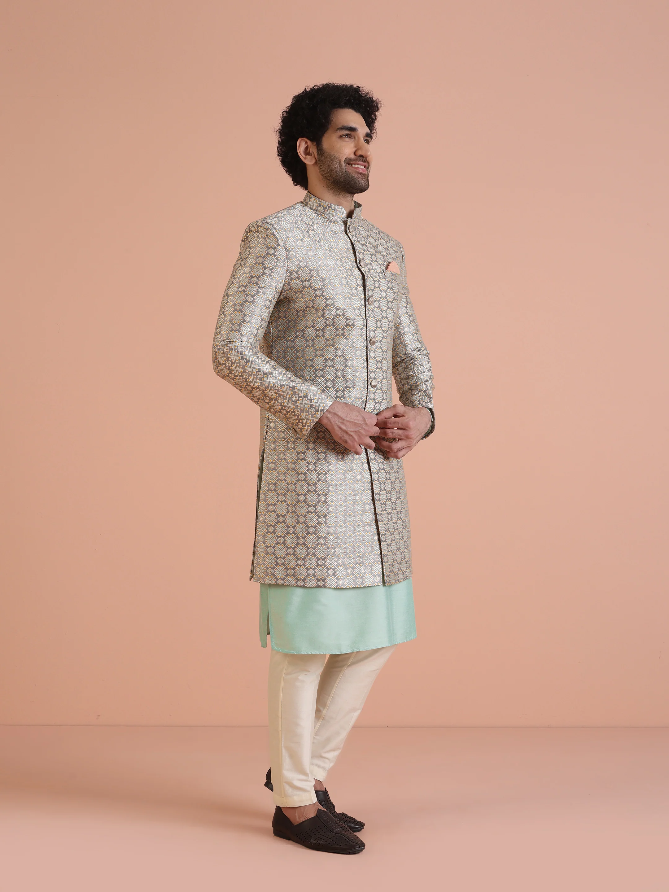 Beige Cotton Silk Printed Sherwani Kurta Trouser Set - Image 2
