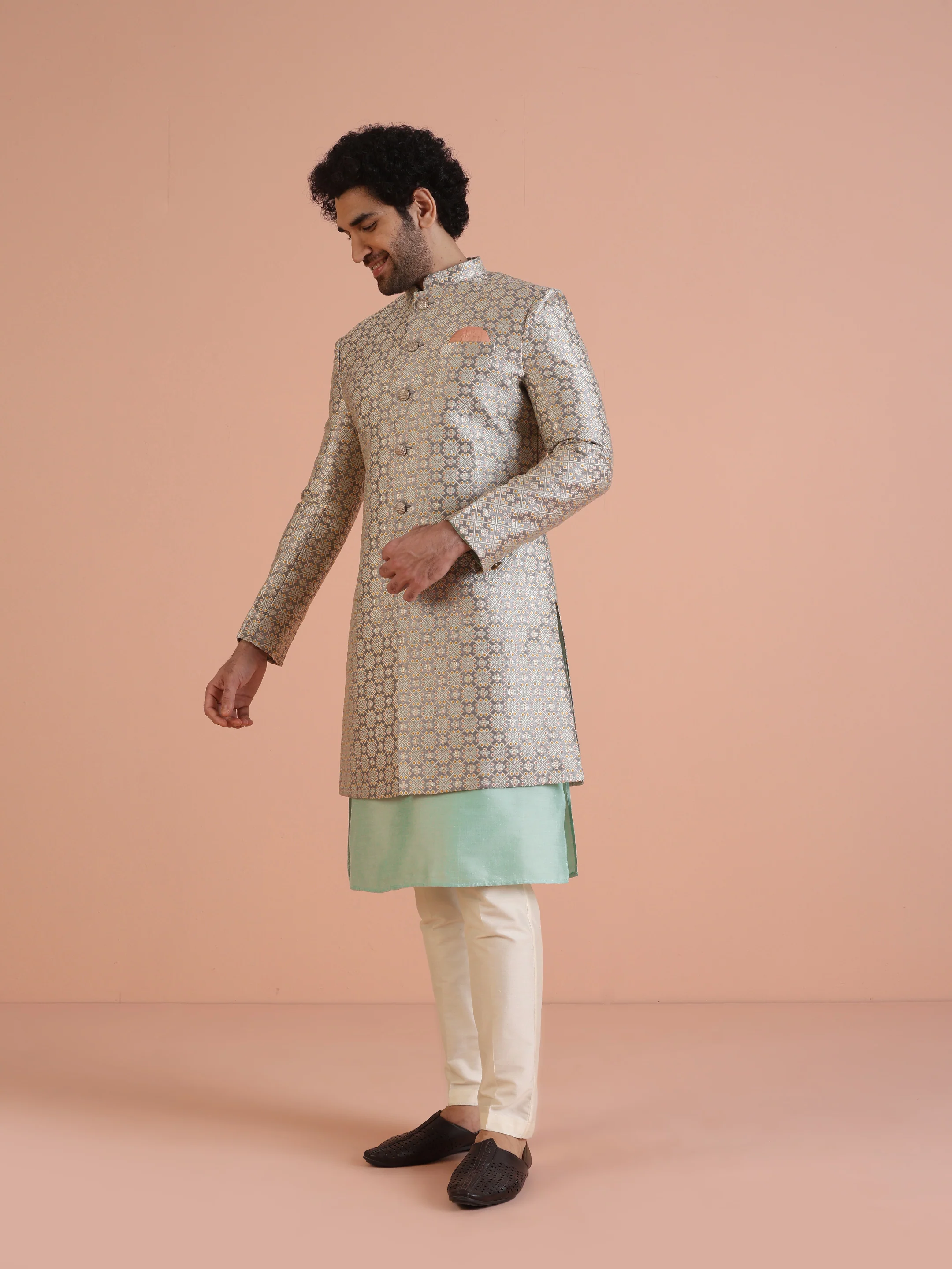 Beige Cotton Silk Printed Sherwani Kurta Trouser Set - Image 3