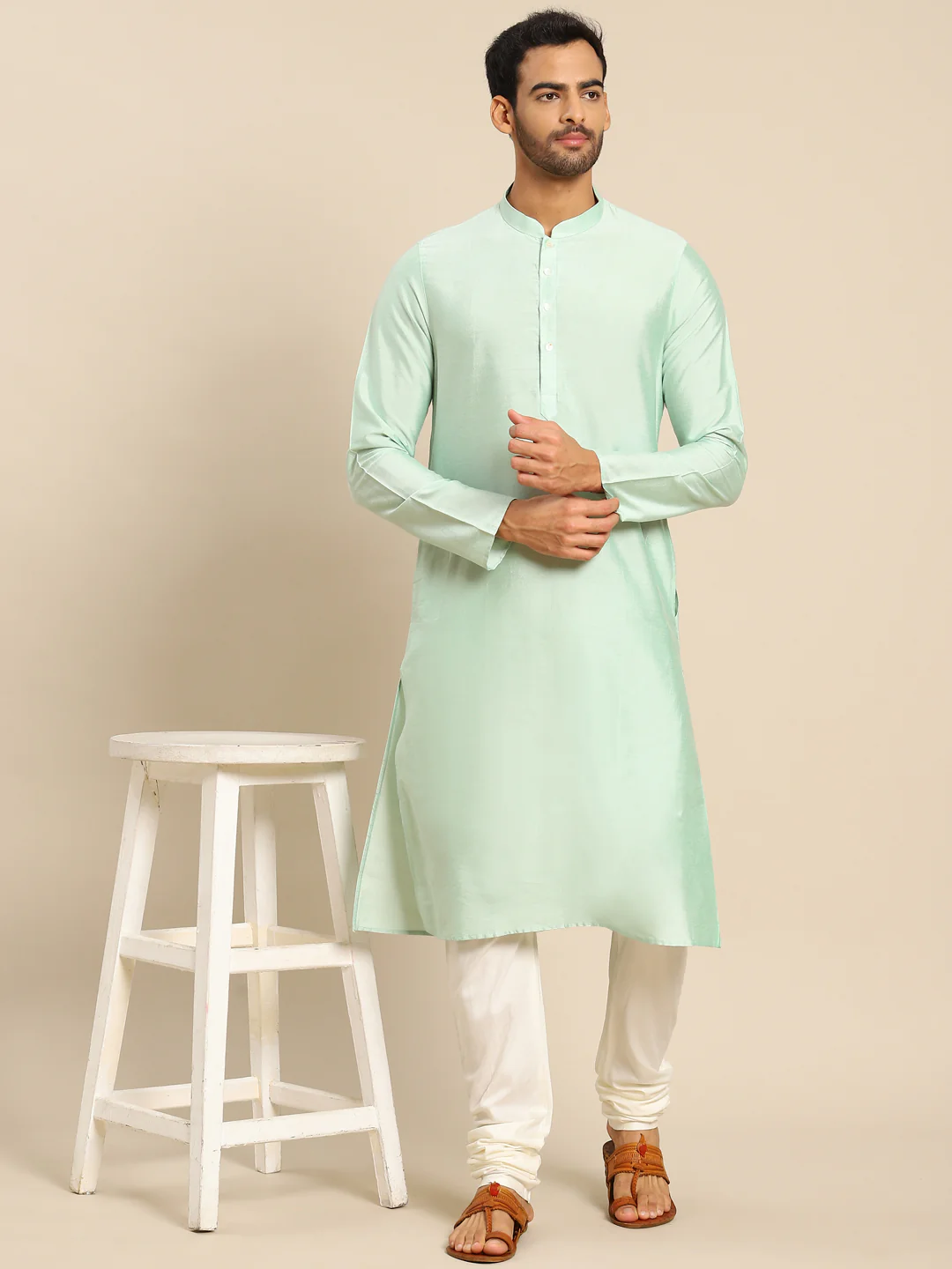 Mint Green Silk Blend Kurta Churidar Set - Image 6
