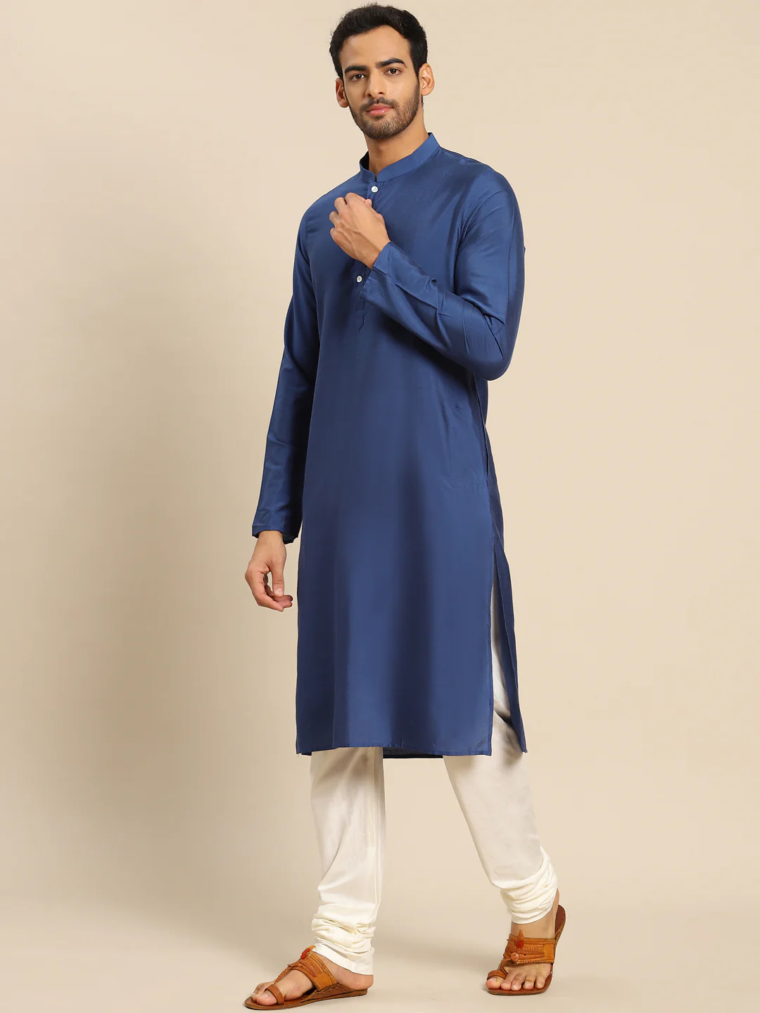 Navy Blue Silk Blend Solid Long Kurta - Image 2