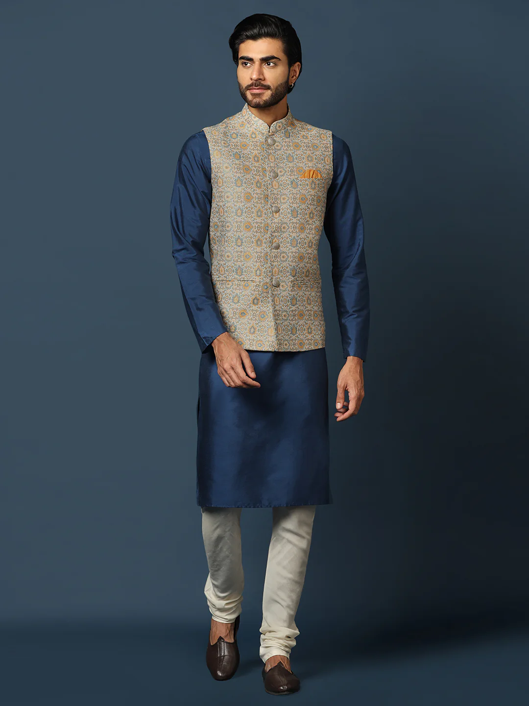 Navy Blue Silk Blend Textured Nehru Jacket Kurta Set