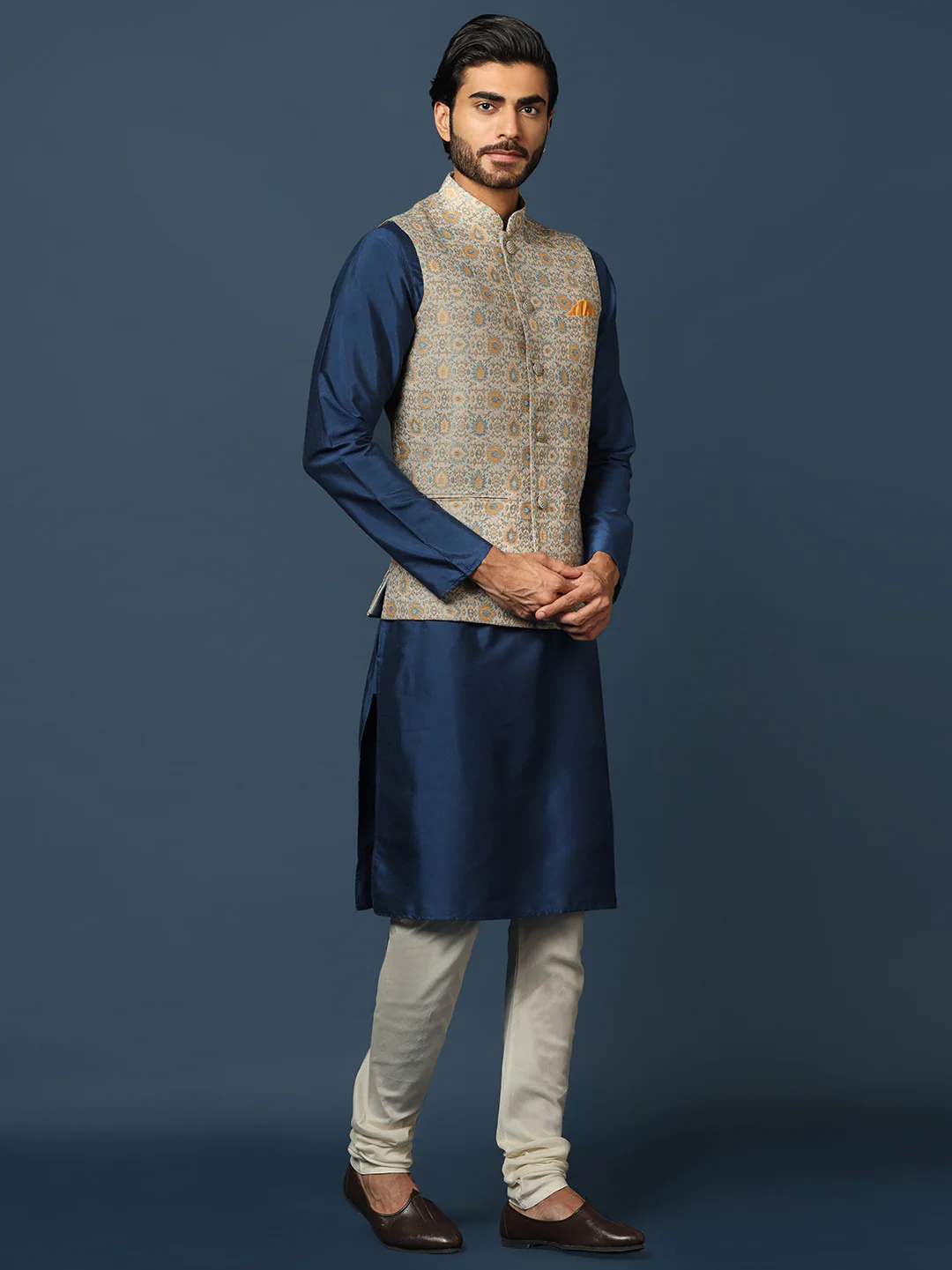 Navy Blue Silk Blend Textured Nehru Jacket Kurta Set - Image 2