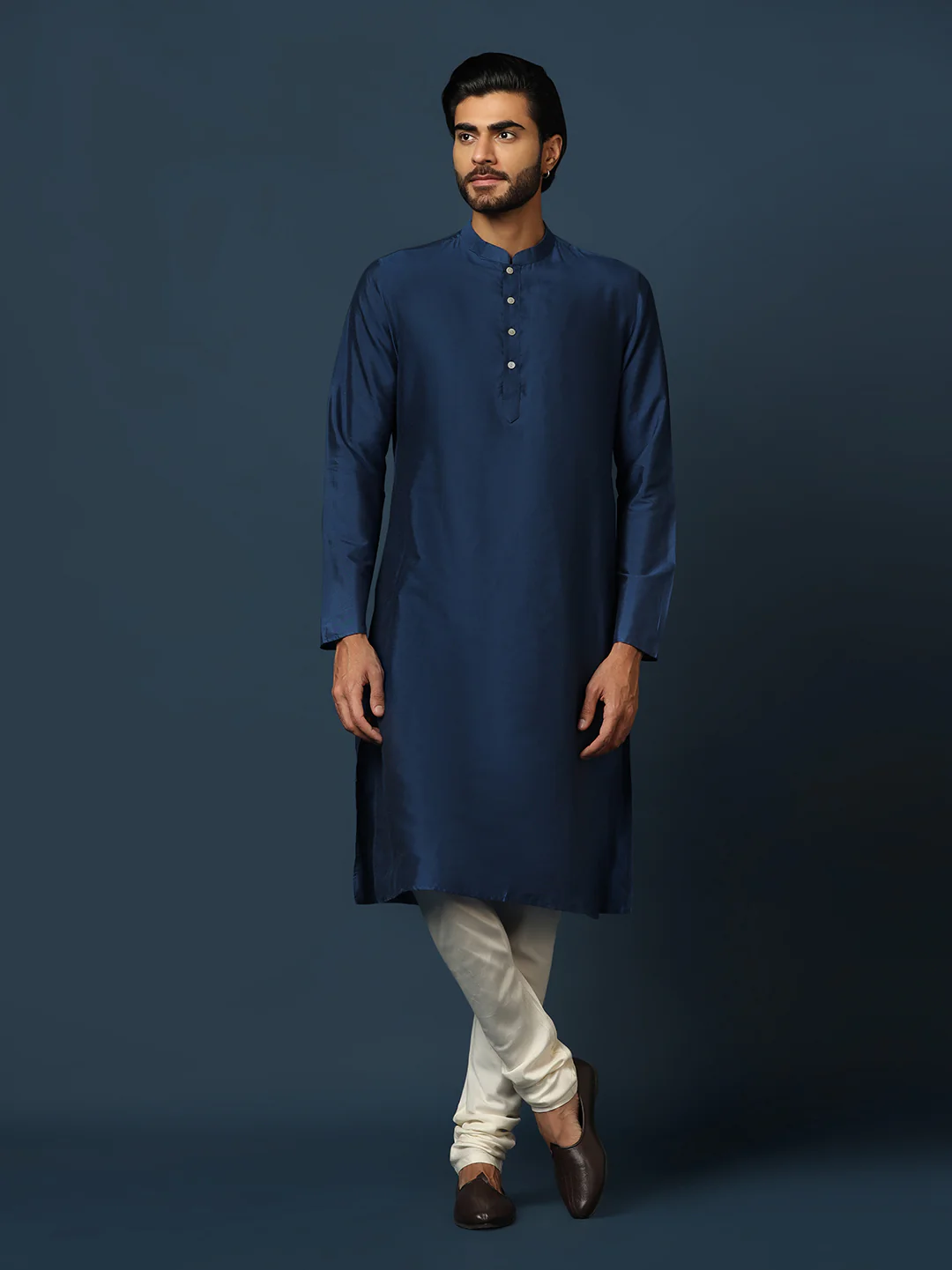 Navy Blue Silk Blend Textured Nehru Jacket Kurta Set - Image 5