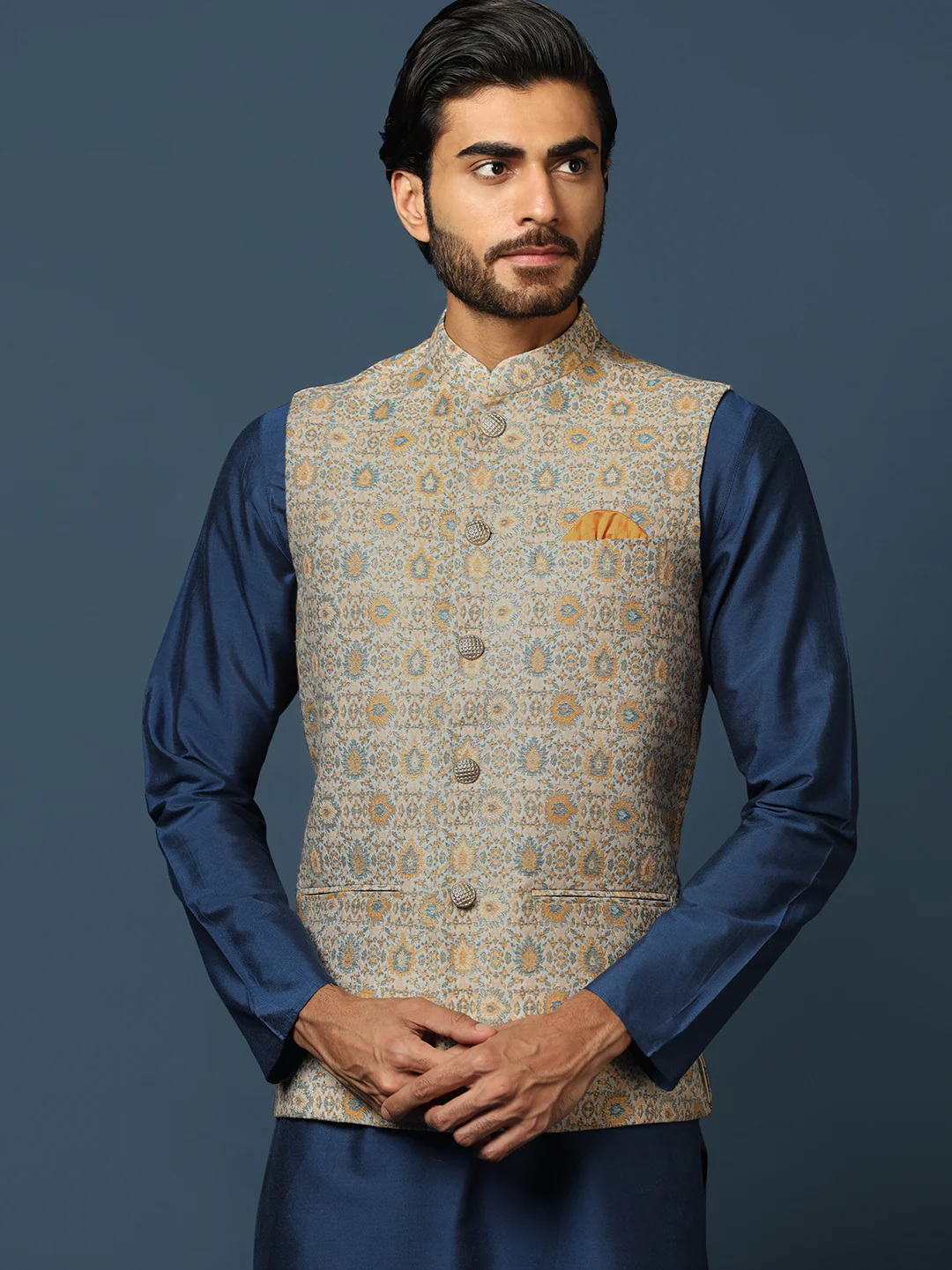 Navy Blue Silk Blend Textured Nehru Jacket Kurta Set - Image 6