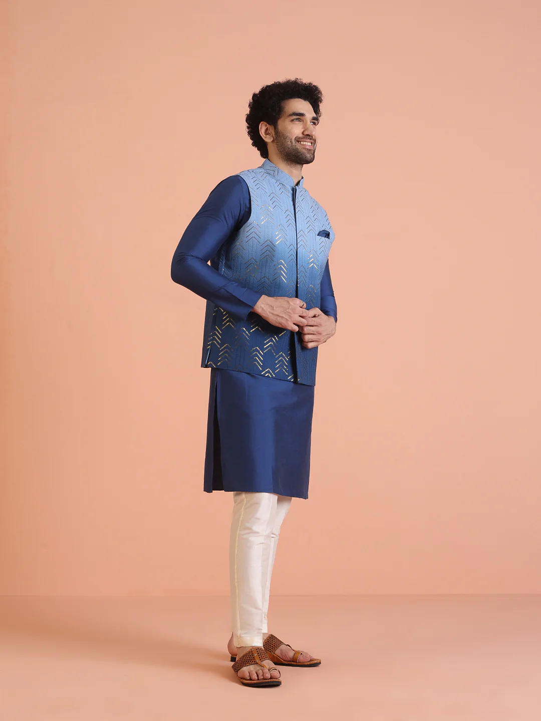 Blue Ombre Sequinned Nehru Jacket Set - Image 2