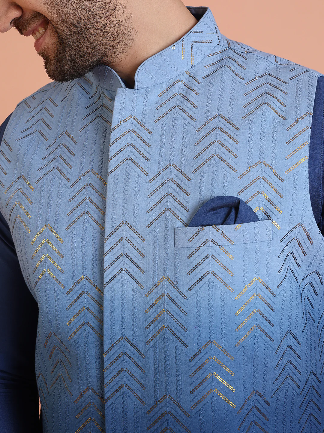 Blue Ombre Sequinned Nehru Jacket Set - Image 5