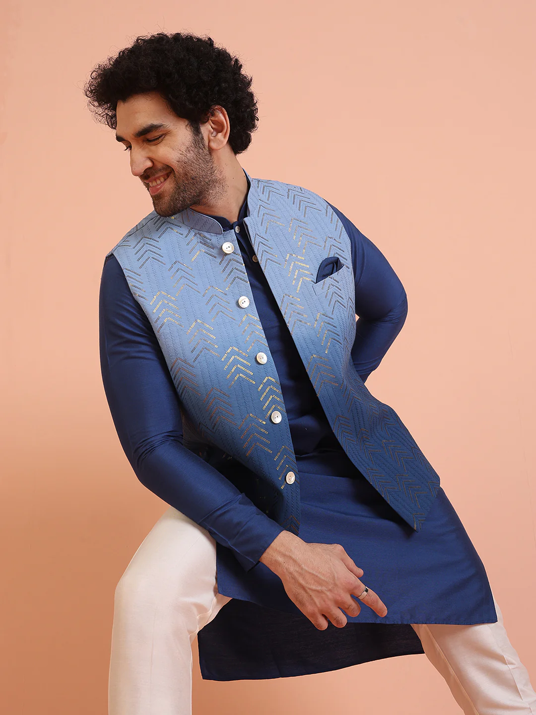 Blue Ombre Sequinned Nehru Jacket Set - Image 8