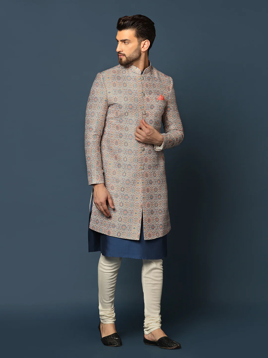 Grey Printed Indo-Western Jacket Set - Image 2