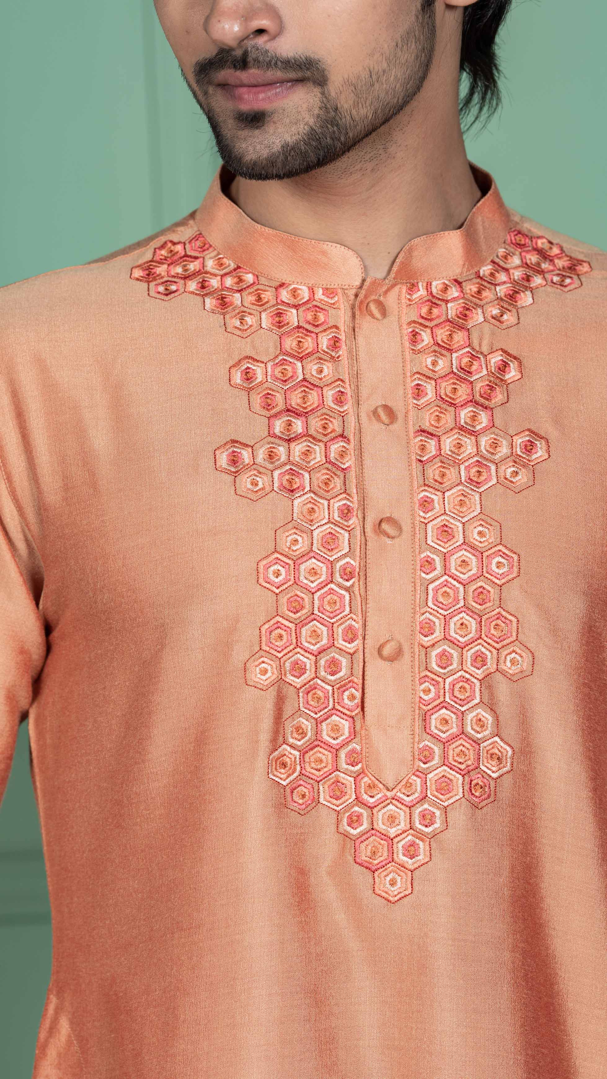 Men Peach Embellished Kurta - Image 6